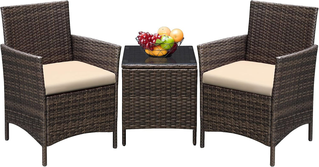 Greesum 3 Pieces Patio Furniture Sets Outdoor PE Rattan Wicker Chairs with Soft Cushion and Glass Coffee Table for Garden Backyard Porch Poolside, Brown and Beige