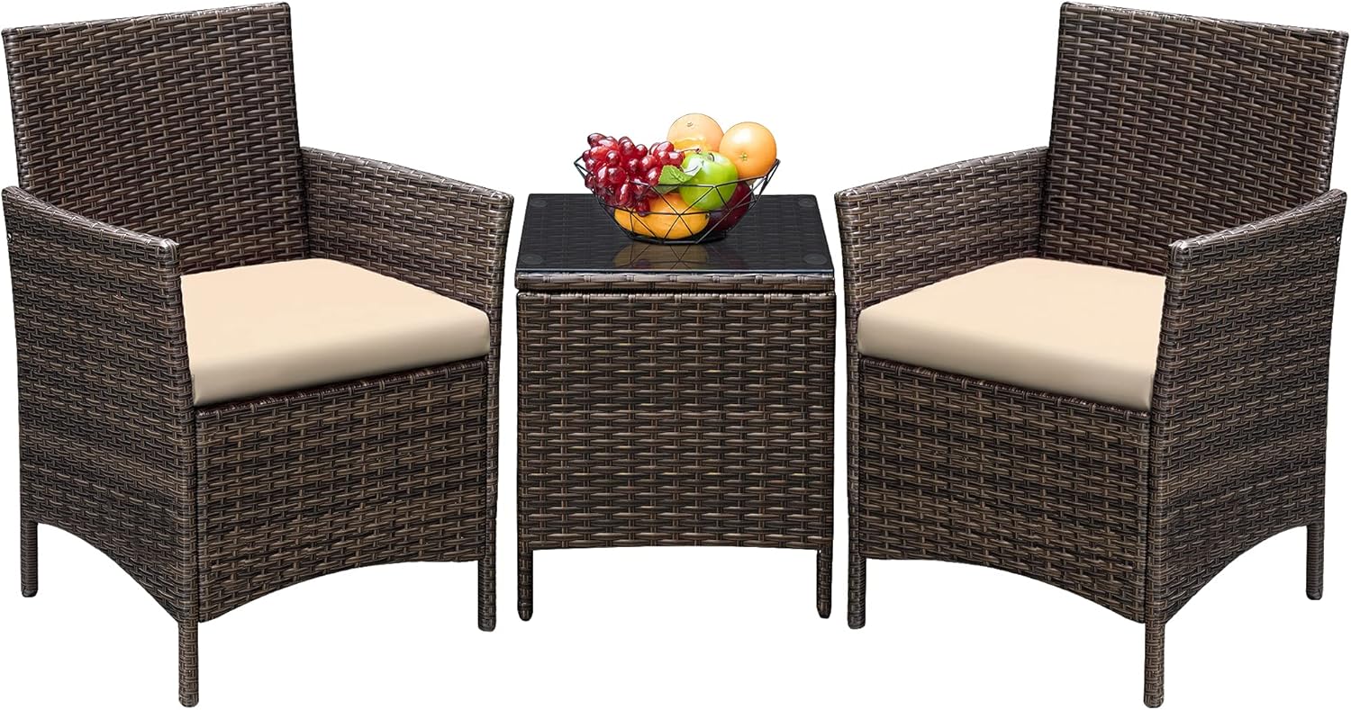 Greesum 3 Pieces Patio Furniture Sets Outdoor PE Rattan Wicker Chairs with Soft Cushion and Glass Coffee Table for Garden Backyard Porch Poolside, Brown and Beige