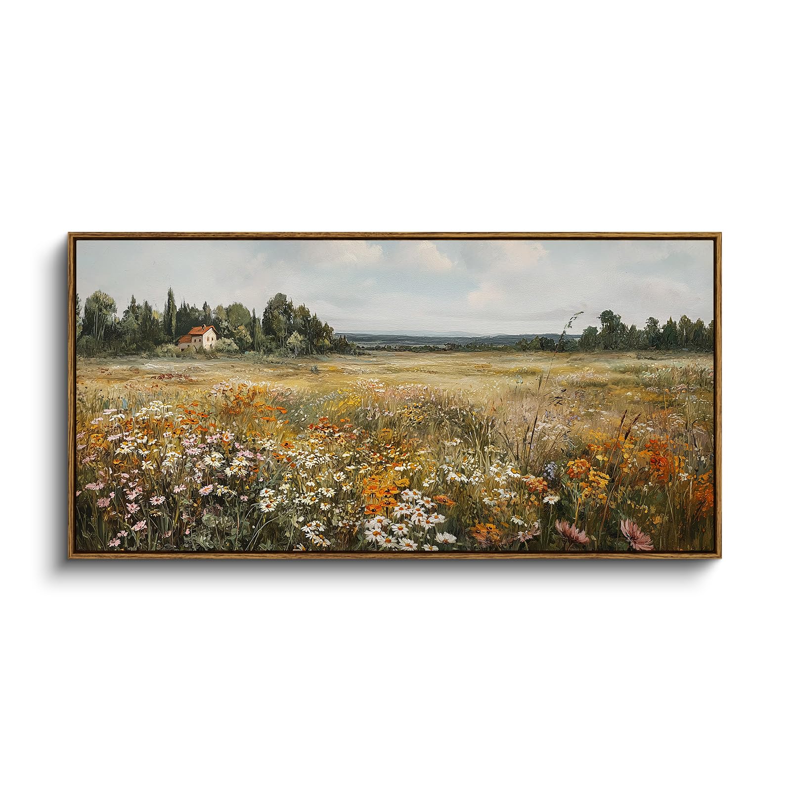 InSimSea Extra Large Framed Vintage Wall Art, Living Room Country Farmhouse Decor, Wild Field under Sky Landscape Paintings, Canvas Prints, Scenery Long Picture for Bedroom Above of Bed,12x36inch