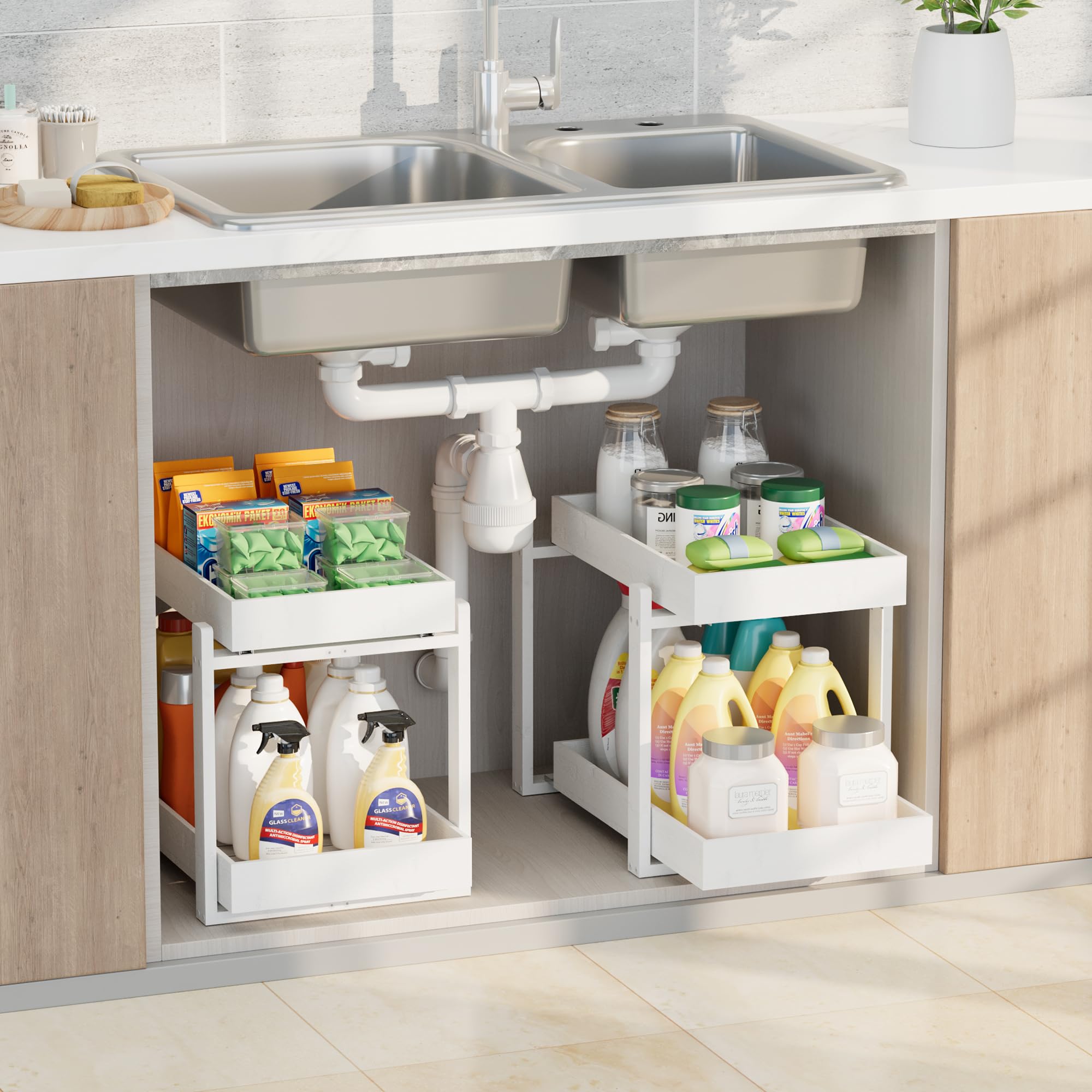 APRTAT 2 Pack Under Sink Organizer, Bamboo Wooden 2-Tier Pull-Out Storage with Sliding Drawers for Kitchen and Bathroom Cabinets, Easy Installation (Natural, 2 Packs)