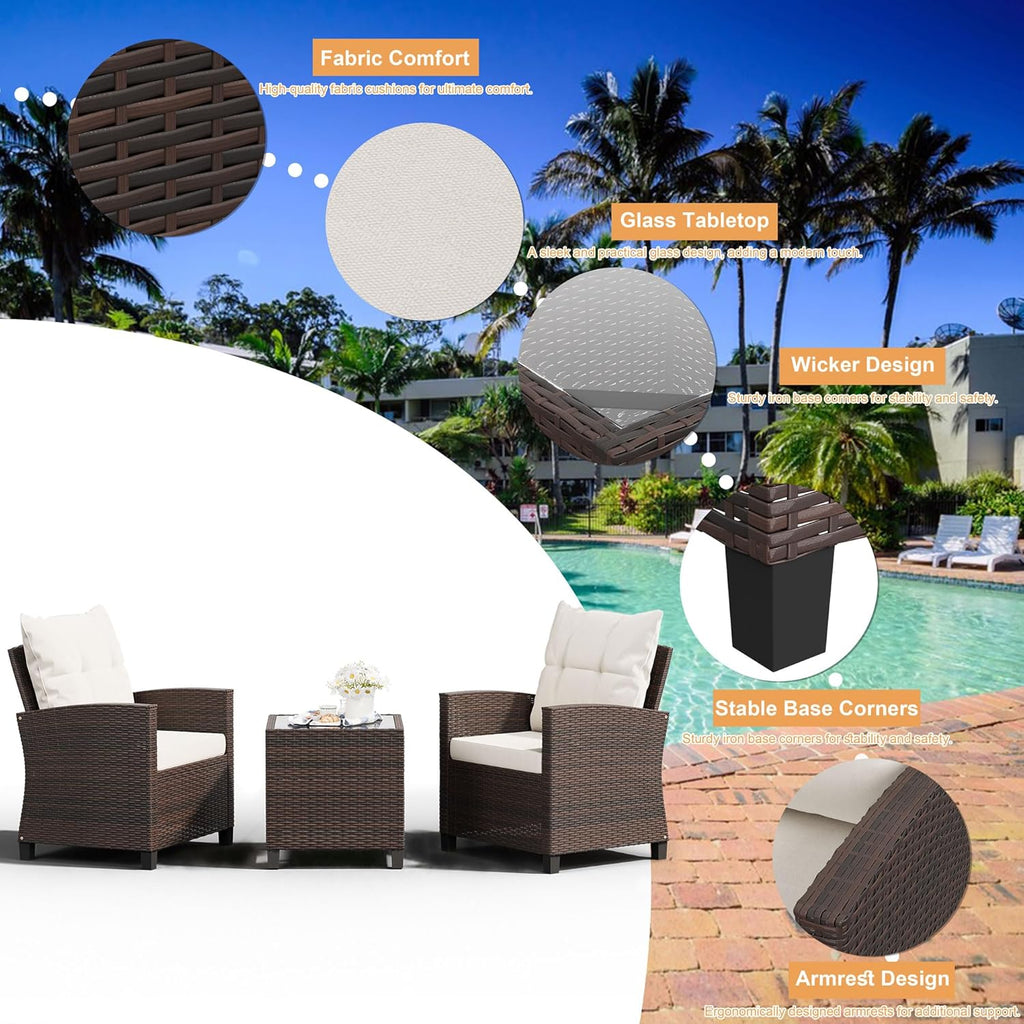 Shintenchi 3 Pieces Patio Furniture Set, PE Rattan Wicker 3 Pcs Patio Set, Outdoor Furniture Set with Two Outdoor Chairs and Table, Conversation Set for Garden, Poolside, Balcony, and Porch(Beige)