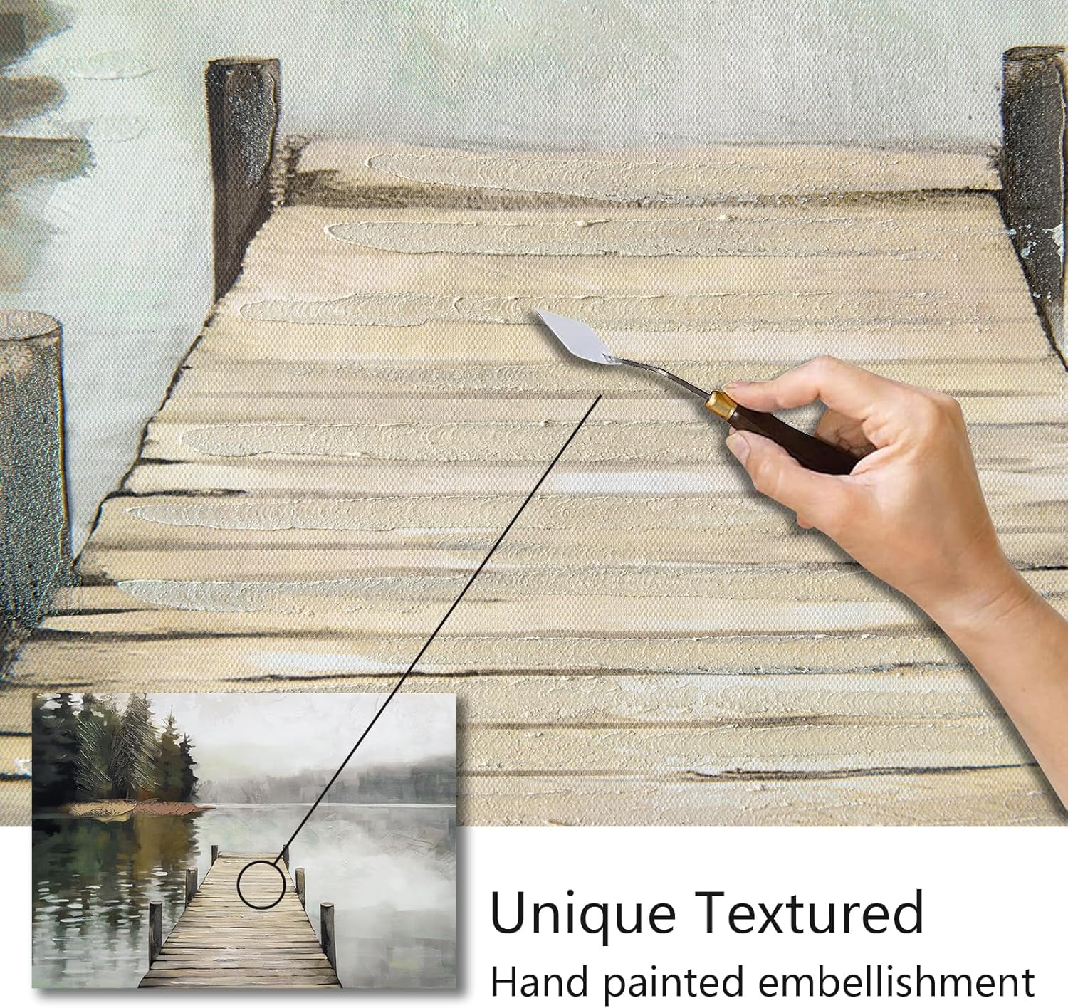 Nature Landscape Large Wall Art Canvas Picture，Horizontal Dock Forest Artwork Decor，Modern Hand Painted Textured Lake Scenery Artwork Painting Decor, Wall Pictures for Bedroom Living Room 40x 28 Inch