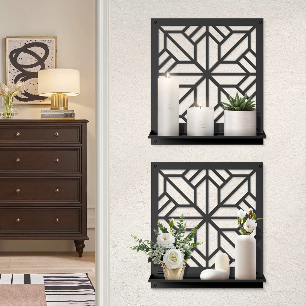 Black Metal Wall Candle Holder Set of 2, Minimalist Rustic Aesthetics Wall Art Decor for Living Room Bedroom Bathroom (11.8 x 13 in)