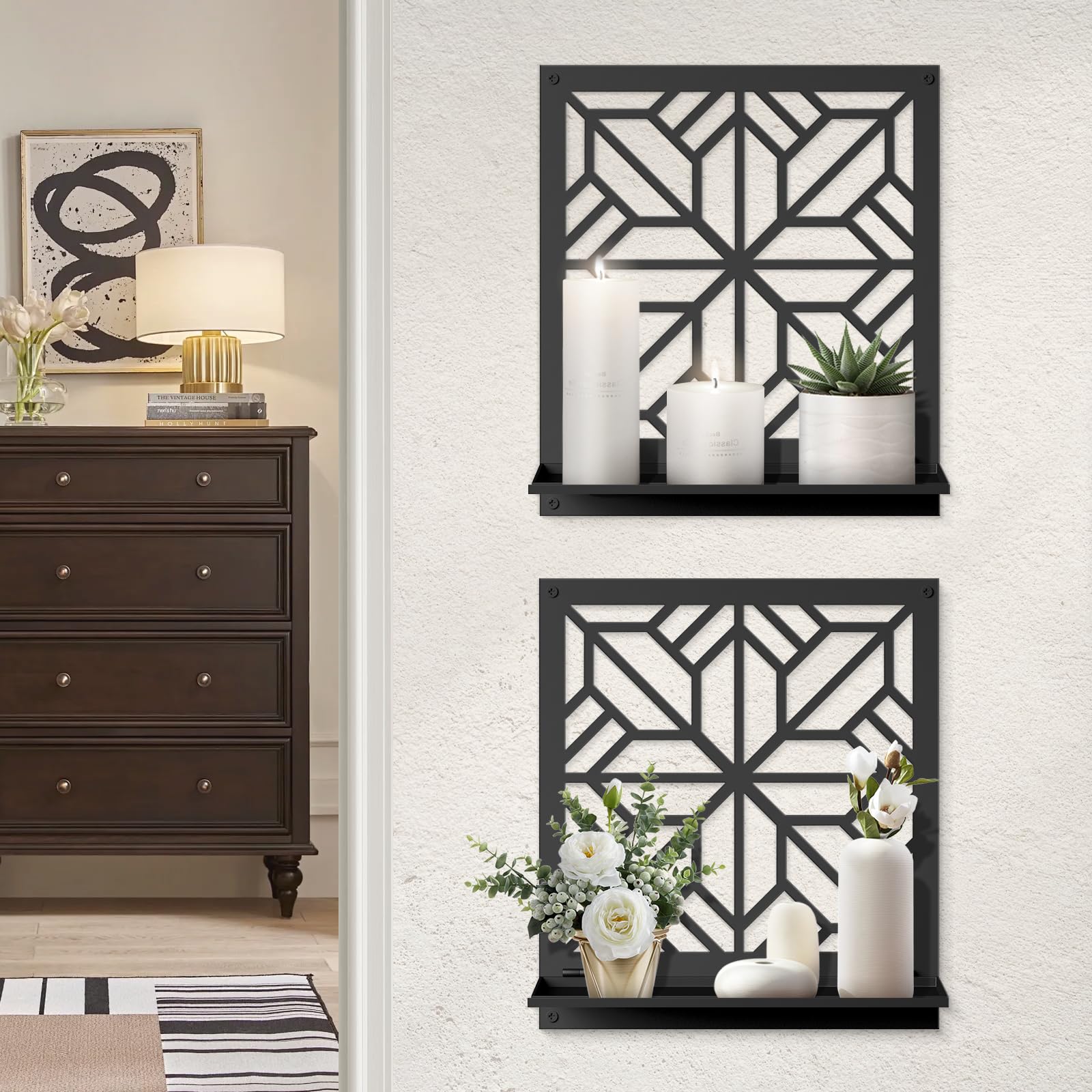 Black Metal Wall Candle Holder Set of 2, Minimalist Rustic Aesthetics Wall Art Decor for Living Room Bedroom Bathroom (11.8 x 13 in)