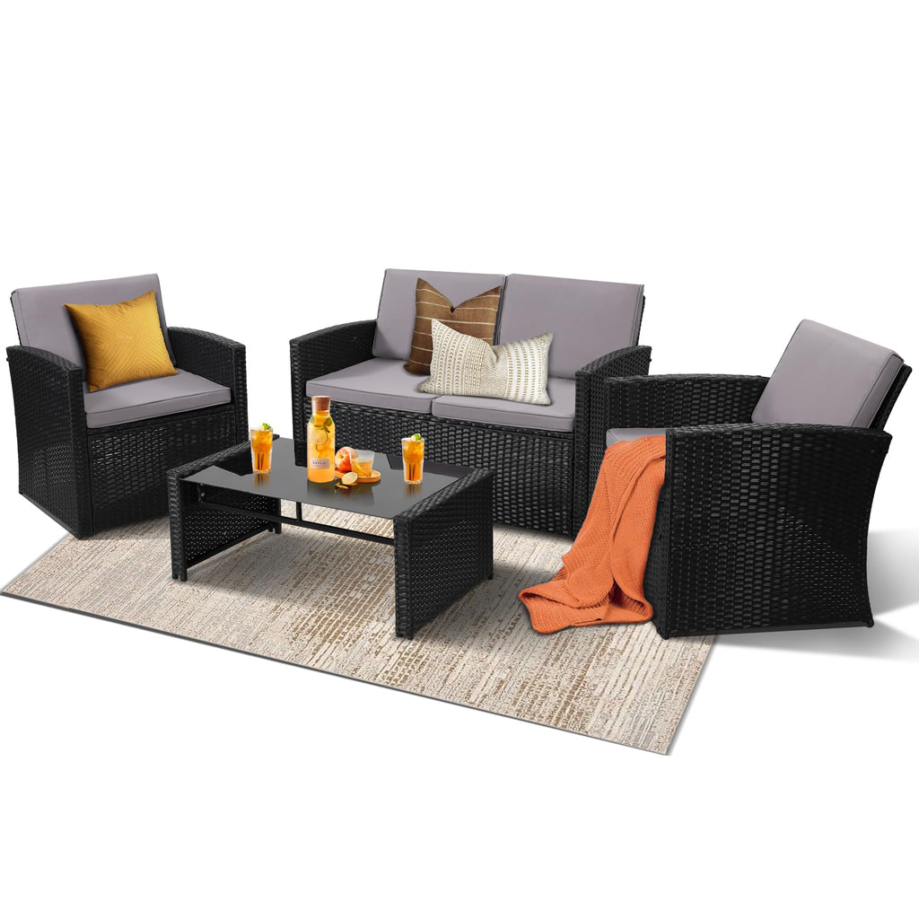 KROFEM 4-Piece Patio Furniture Set, Wicker Outdoor Rattan Sectional Sofa with Cushions and Glass Table, All-Weather Outdoor Conversation Set for Garden, Porch, Backyard, Patio, Black
