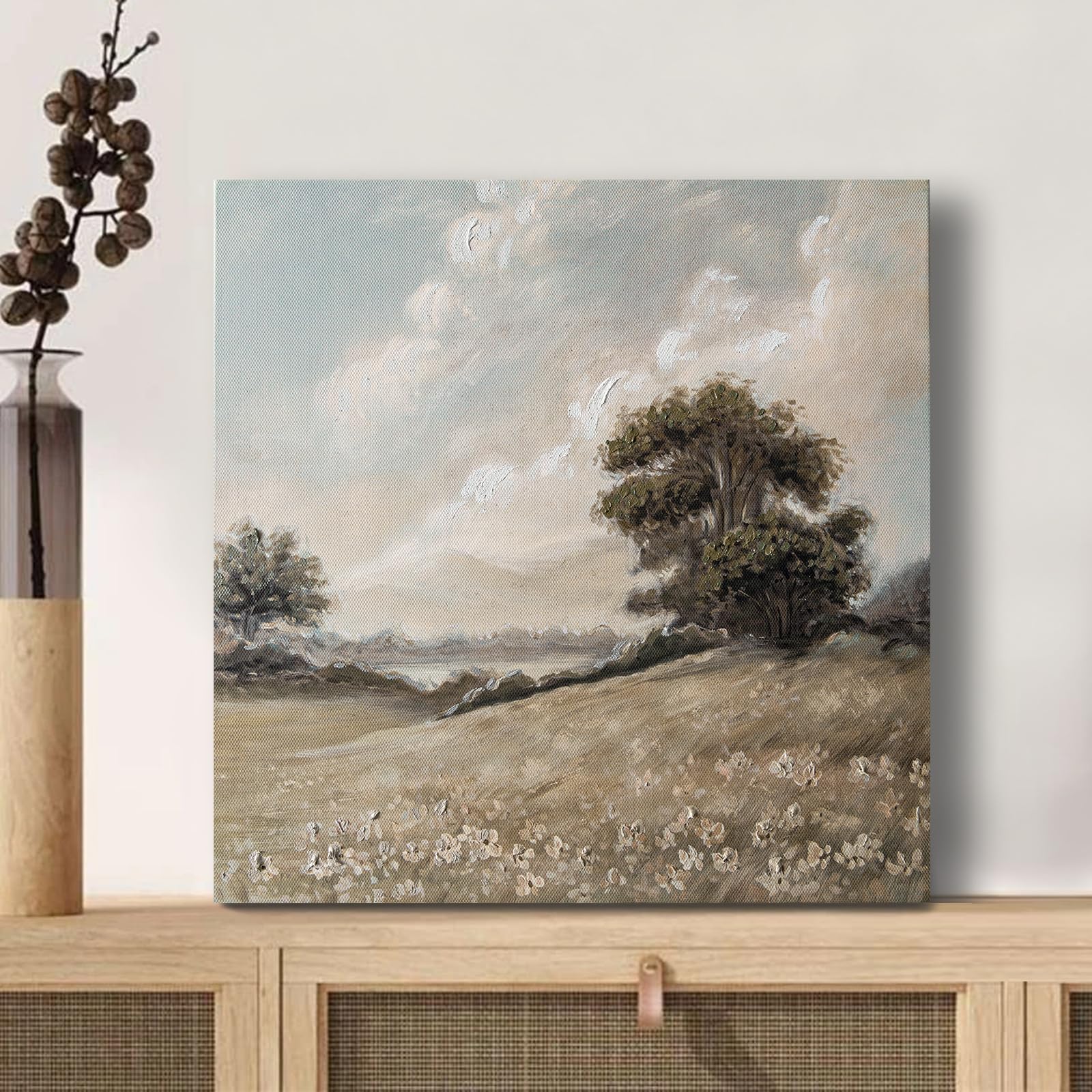 Nature Landscape Large Wall Art Canvas Picture，Horizontal Dock Forest Artwork Decor，Modern Hand Painted Textured Lake Scenery Artwork Painting Decor, Wall Pictures for Bedroom Living Room 40x 28 Inch