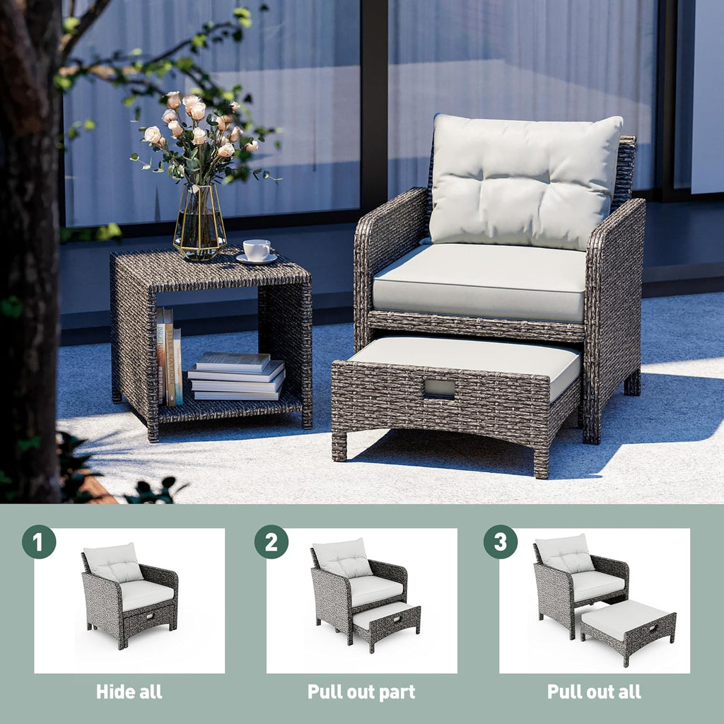 Pamapic Outdoor Furniture 5 Piece Patio Conversation Set, Wicker Rattan Patio Set with Soft Cushions & Coffee Table, Balcony Furniturefor with 2 Ottoman for Porch, Garden, Lawn (Grey)