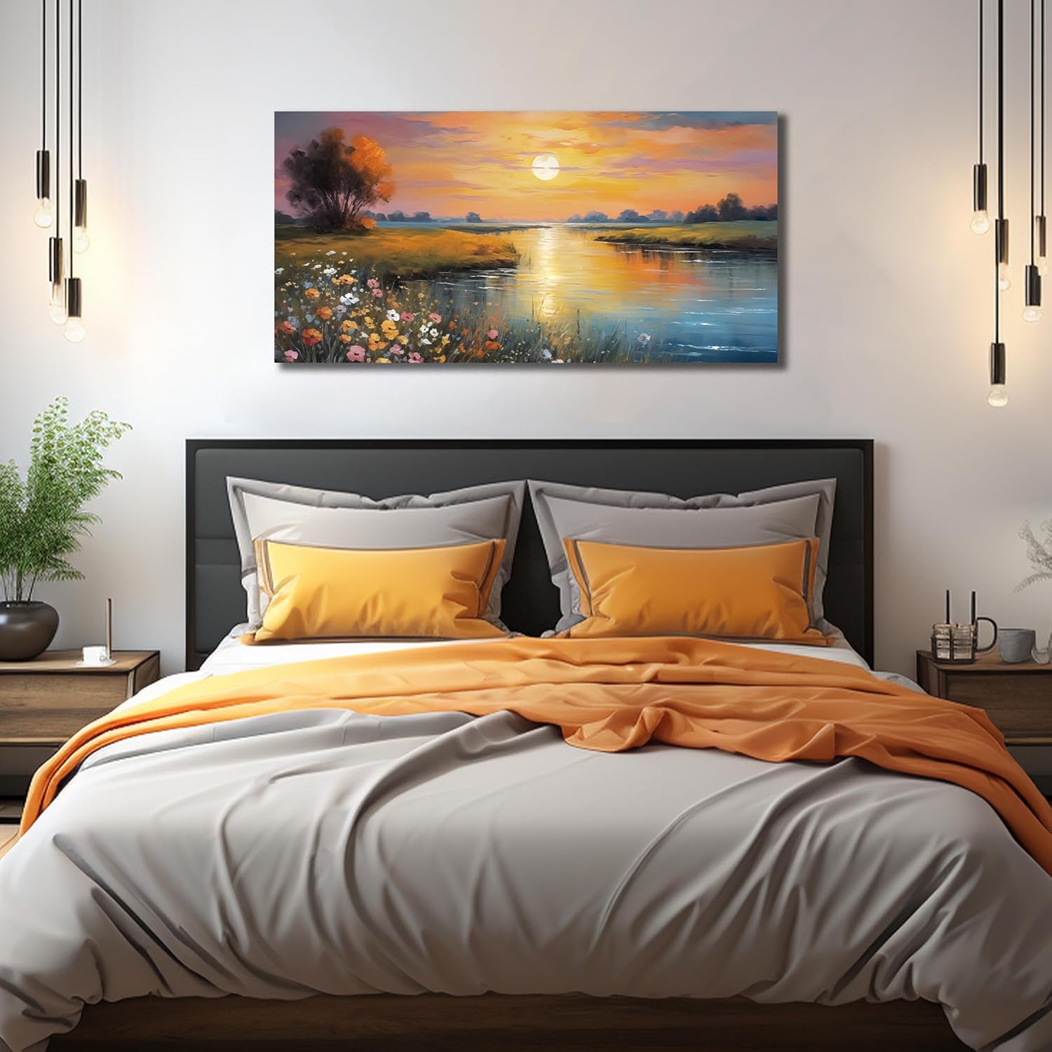 Orange Yellow Sunset Lake Landscape Canvas Wall Art with Vibrant Colorful Wildflowers & Distant Mountain, Serene Nature Scene Picture Print Painting Artwork for Living Room Bedroom Decor 40x20 Inches