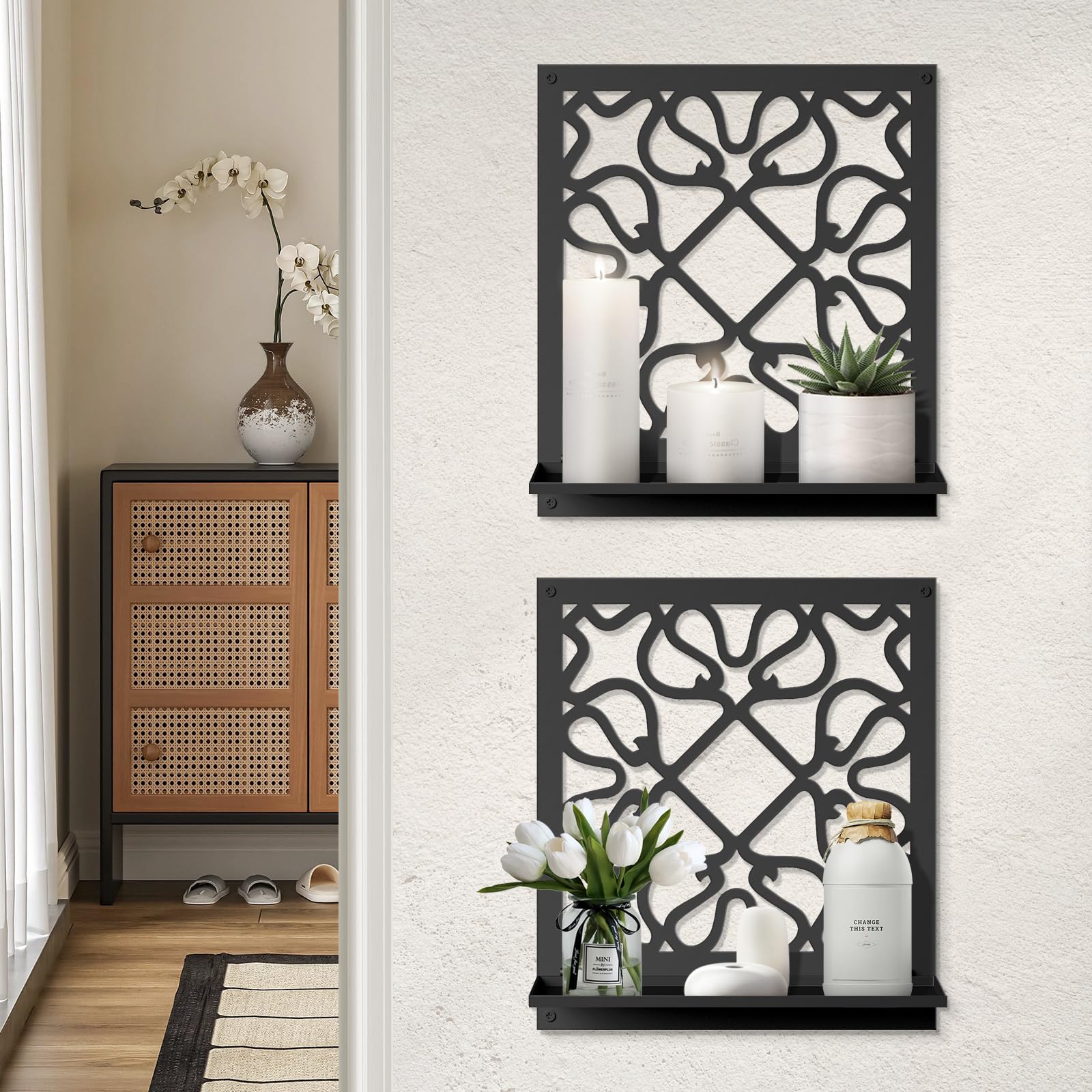Black Metal Wall Candle Holder Set of 2, Minimalist Rustic Aesthetics Wall Art Decor for Living Room Bedroom Bathroom (11.8 x 13 in)