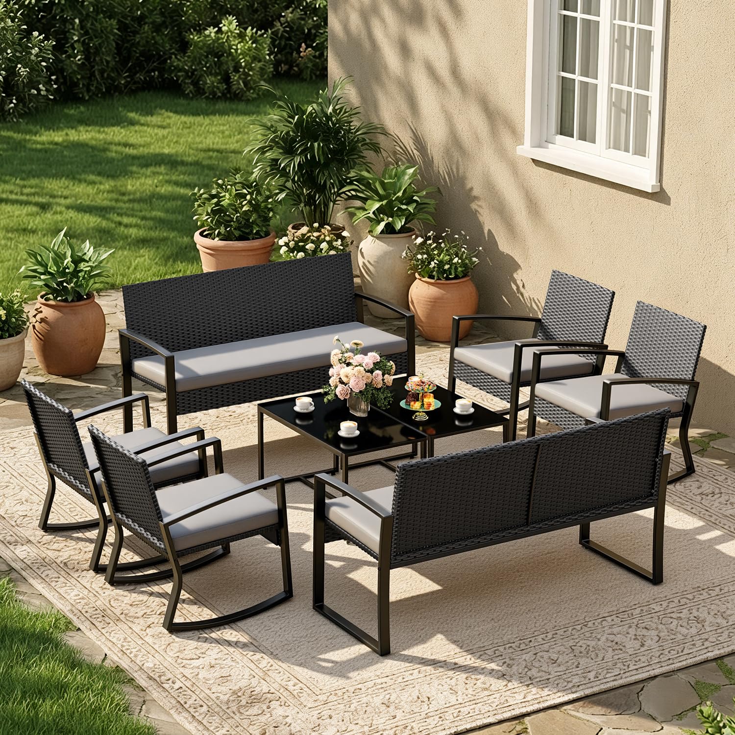 Ahomly 4 Piece Patio Furniture Set, Outdoor Wicker Patio Furniture with Glass Coffee Table, Modern Rattan Rocking Chairs Conversation Set, for Porch, Garden, Lawn (Black)