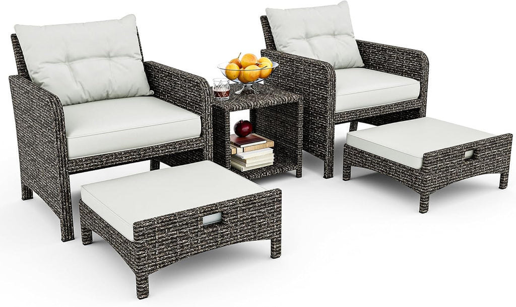 Pamapic Outdoor Furniture 5 Piece Patio Conversation Set, Wicker Rattan Patio Set with Soft Cushions & Coffee Table, Balcony Furniturefor with 2 Ottoman for Porch, Garden, Lawn (Grey)