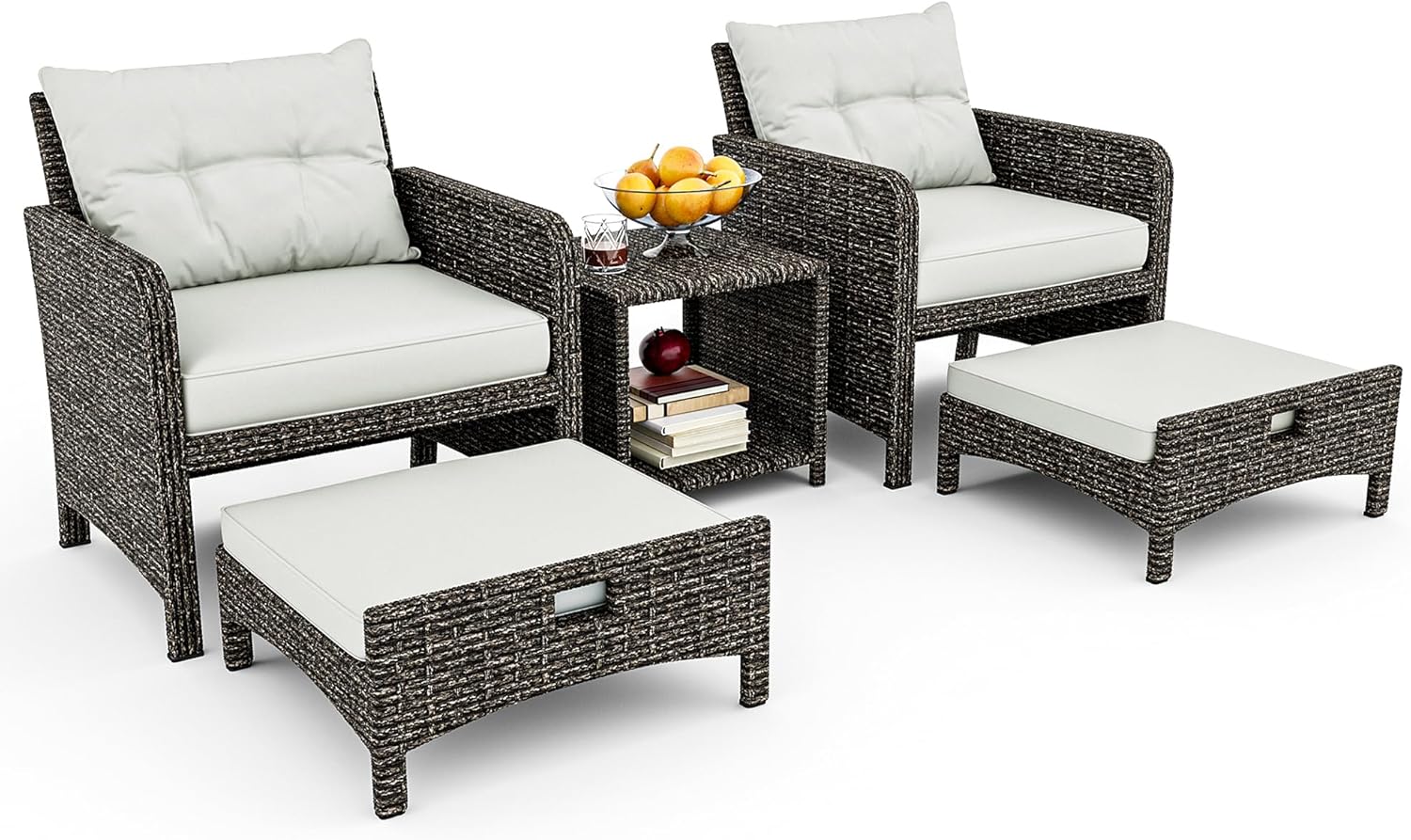 Pamapic Outdoor Furniture 5 Piece Patio Conversation Set, Wicker Rattan Patio Set with Soft Cushions & Coffee Table, Balcony Furniturefor with 2 Ottoman for Porch, Garden, Lawn (Grey)