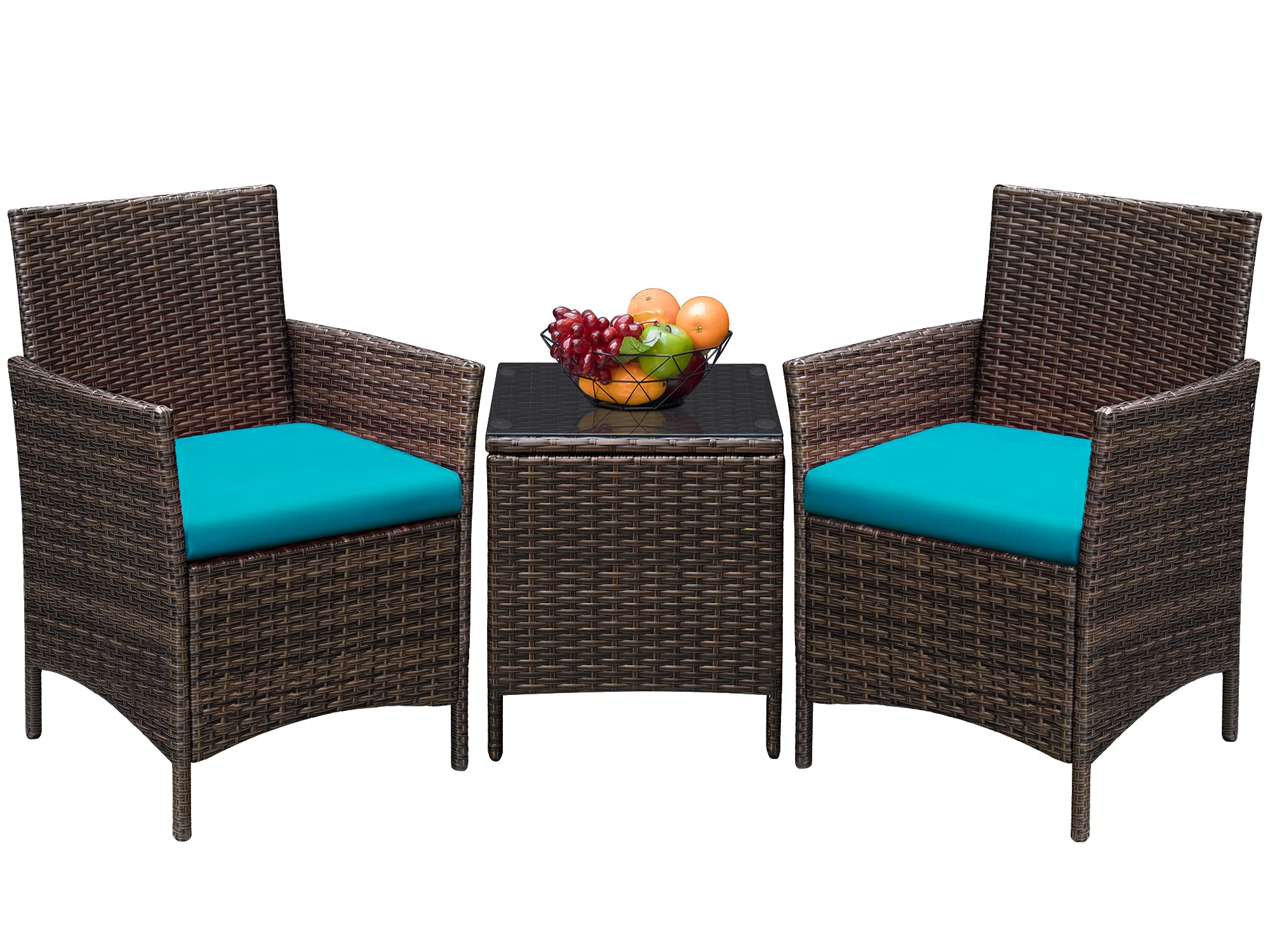 Greesum 3 Pieces Patio Furniture Sets Outdoor PE Rattan Wicker Chairs with Soft Cushion and Glass Coffee Table for Garden Backyard Porch Poolside, Brown and Beige