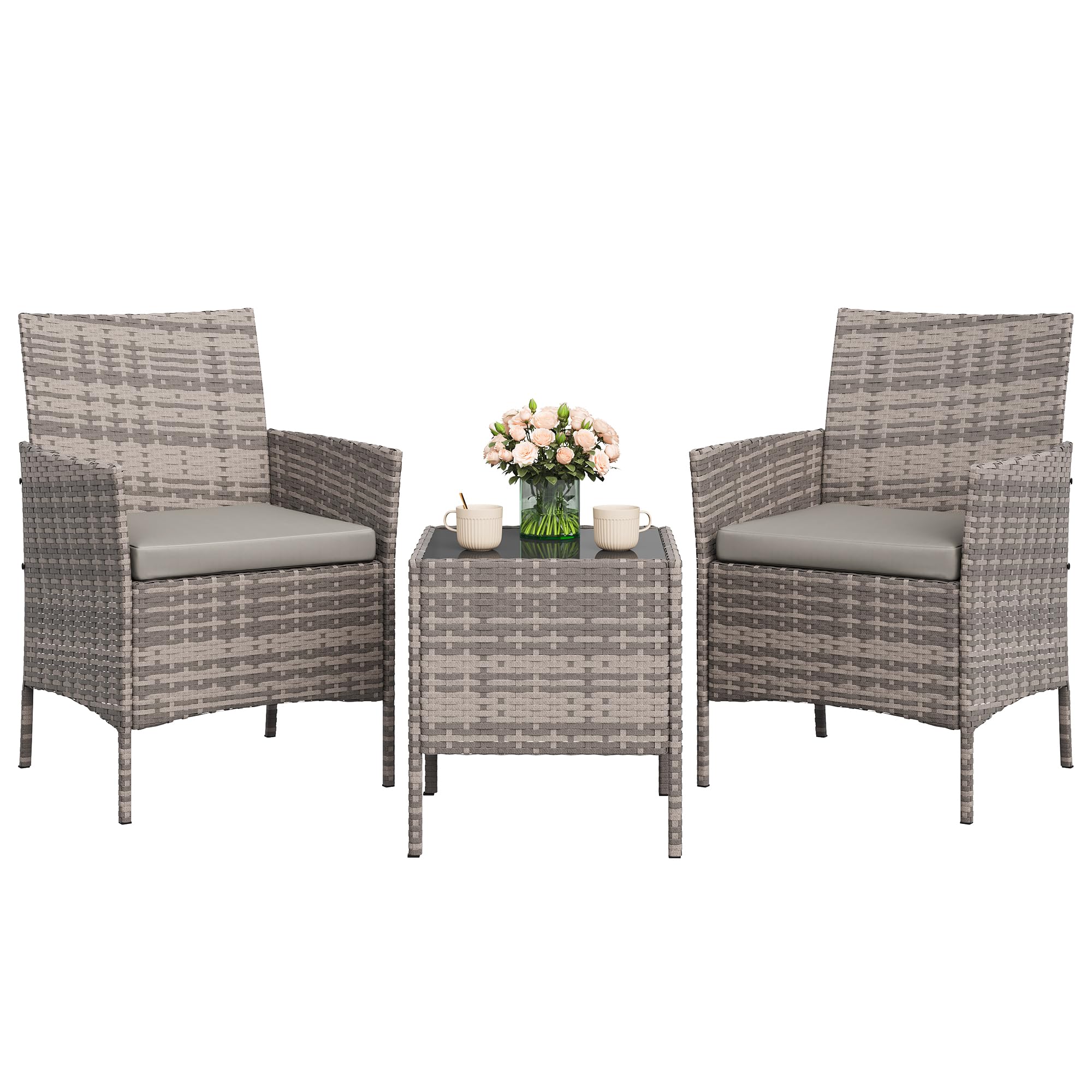 GAOMON 3-Piece Patio Furniture Set, Modern PE Rattan Conversation Set with 2 Chairs & Tempered Glass Coffee Table, All-Weather Outdoor Seating for Garden, Porch, Balcony, Poolside, Brown/Cream