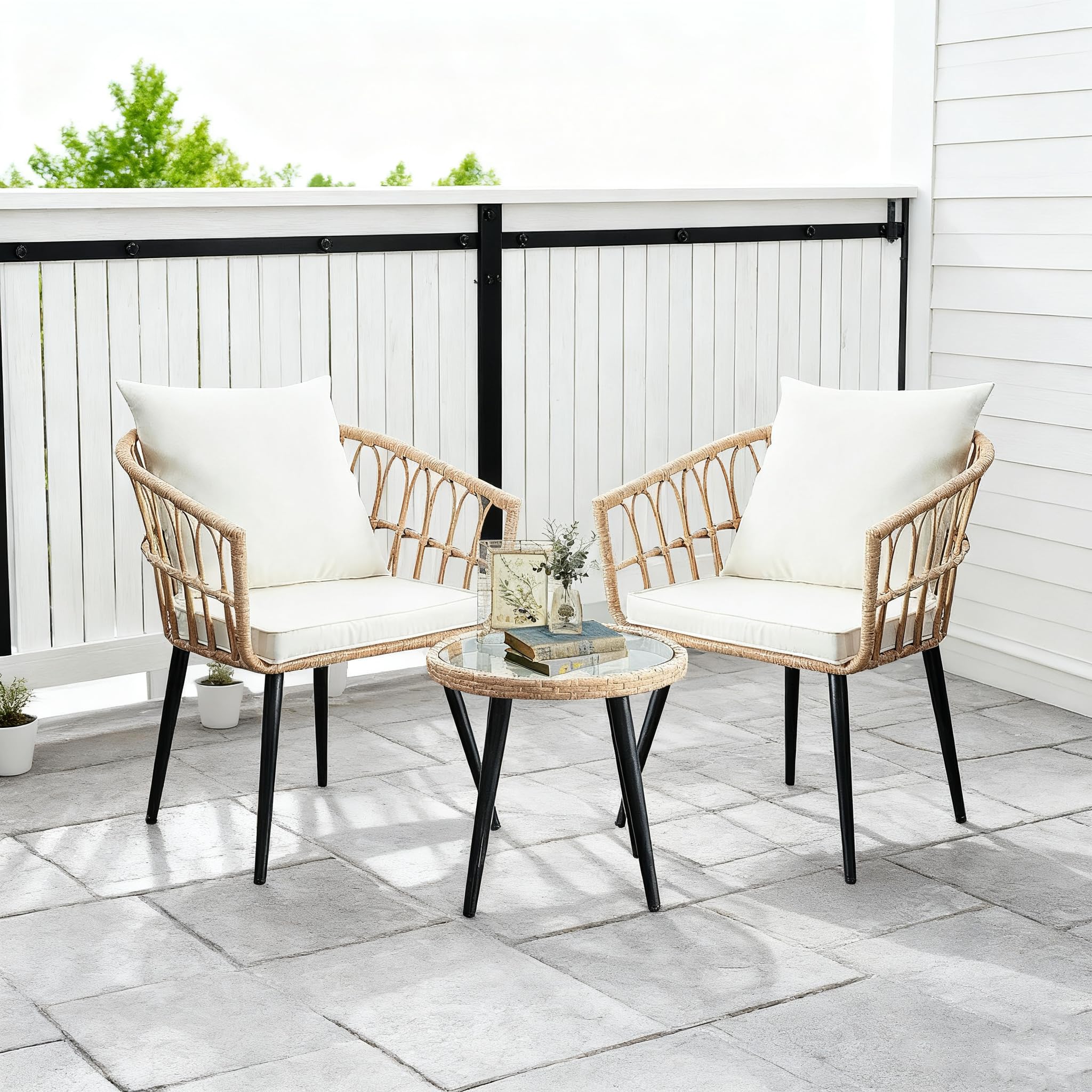 PORWEY 3 Piece Patio Bistro Set, Outdoor Wicker Apartment Balcony Furniture Sets, Rattan Table and Chairs Set of 2 for Porch Backyard Lawn Poolside Deck, Beige