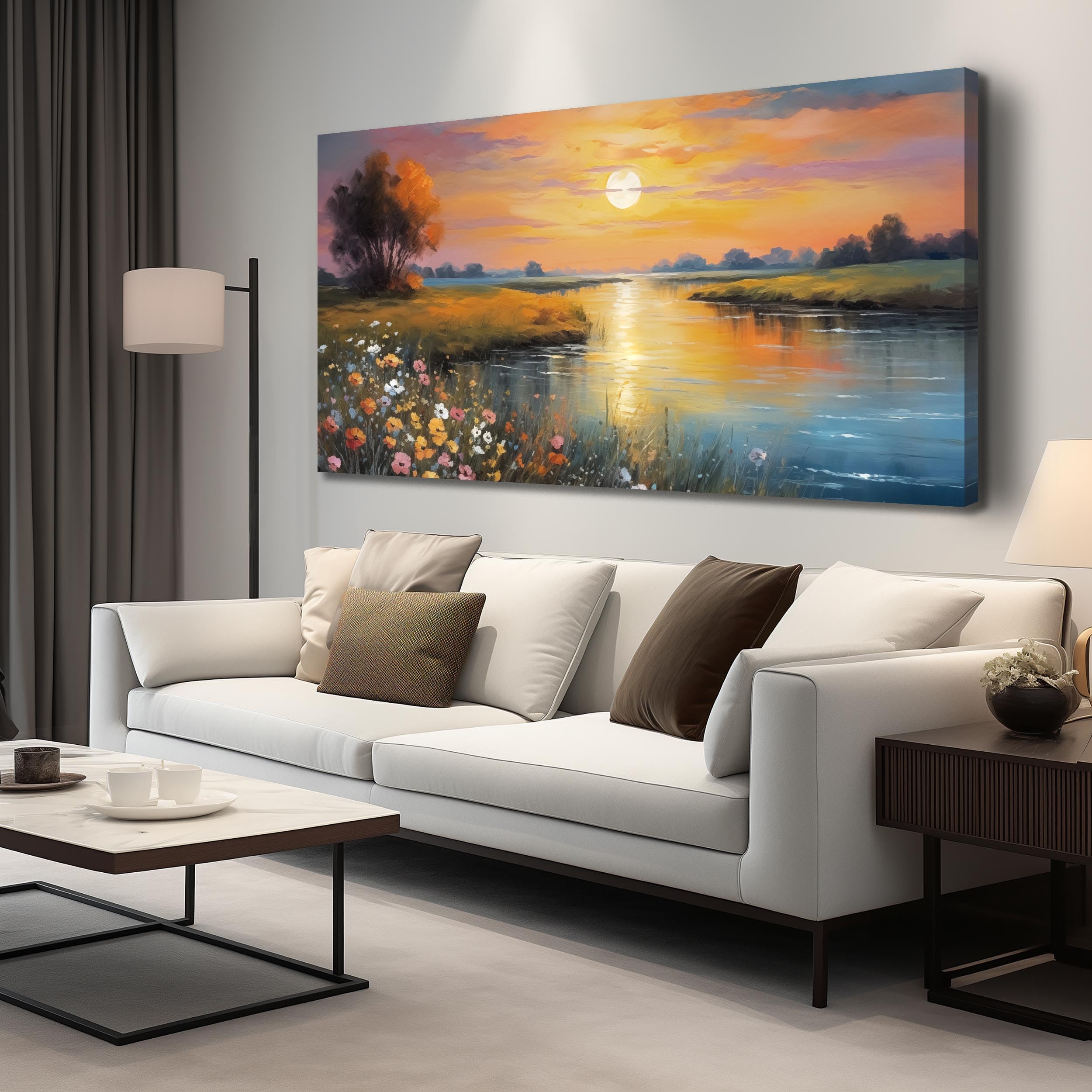 Orange Yellow Sunset Lake Landscape Canvas Wall Art with Vibrant Colorful Wildflowers & Distant Mountain, Serene Nature Scene Picture Print Painting Artwork for Living Room Bedroom Decor 40x20 Inches