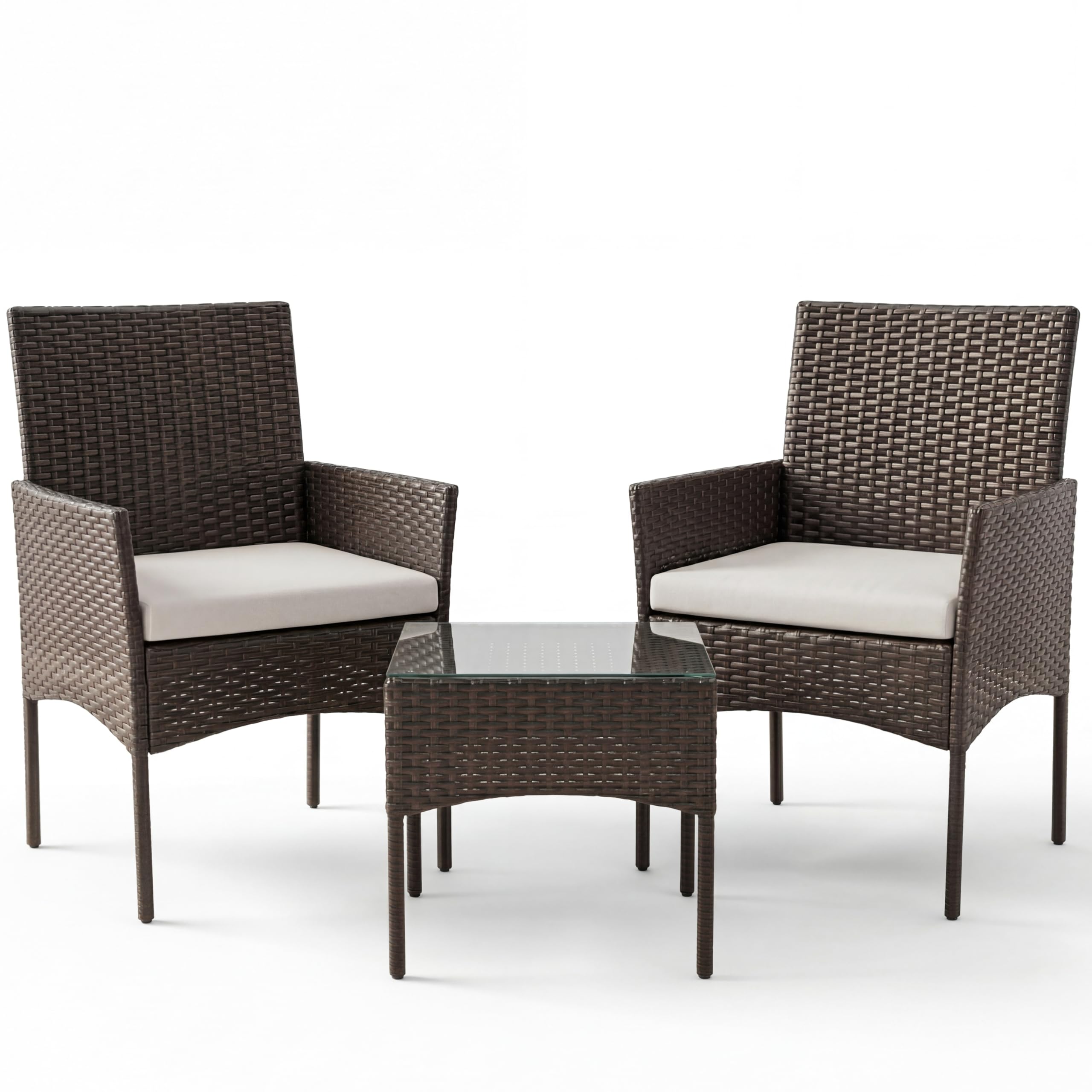 Sweetcrispy 4-Piece Patio Furniture Set, Weather-Resistant PE Rattan Wicker Outdoor Conversation Set with Tempered Glass Tabletop, Durable Outdoor Seating for Garden, Backyard, Porch, Deck, Brown