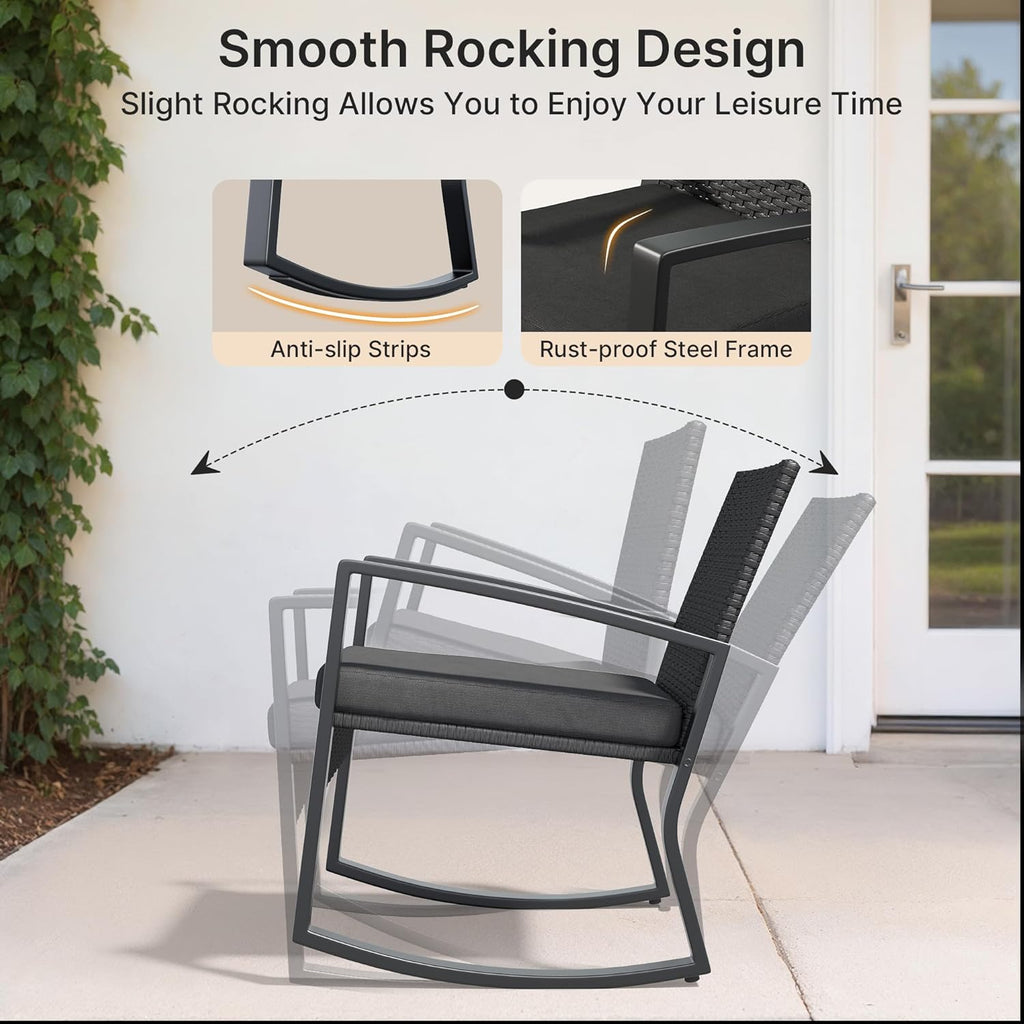 Ahomly 4 Piece Patio Furniture Set, Outdoor Wicker Patio Furniture with Glass Coffee Table, Modern Rattan Rocking Chairs Conversation Set, for Porch, Garden, Lawn (Black)