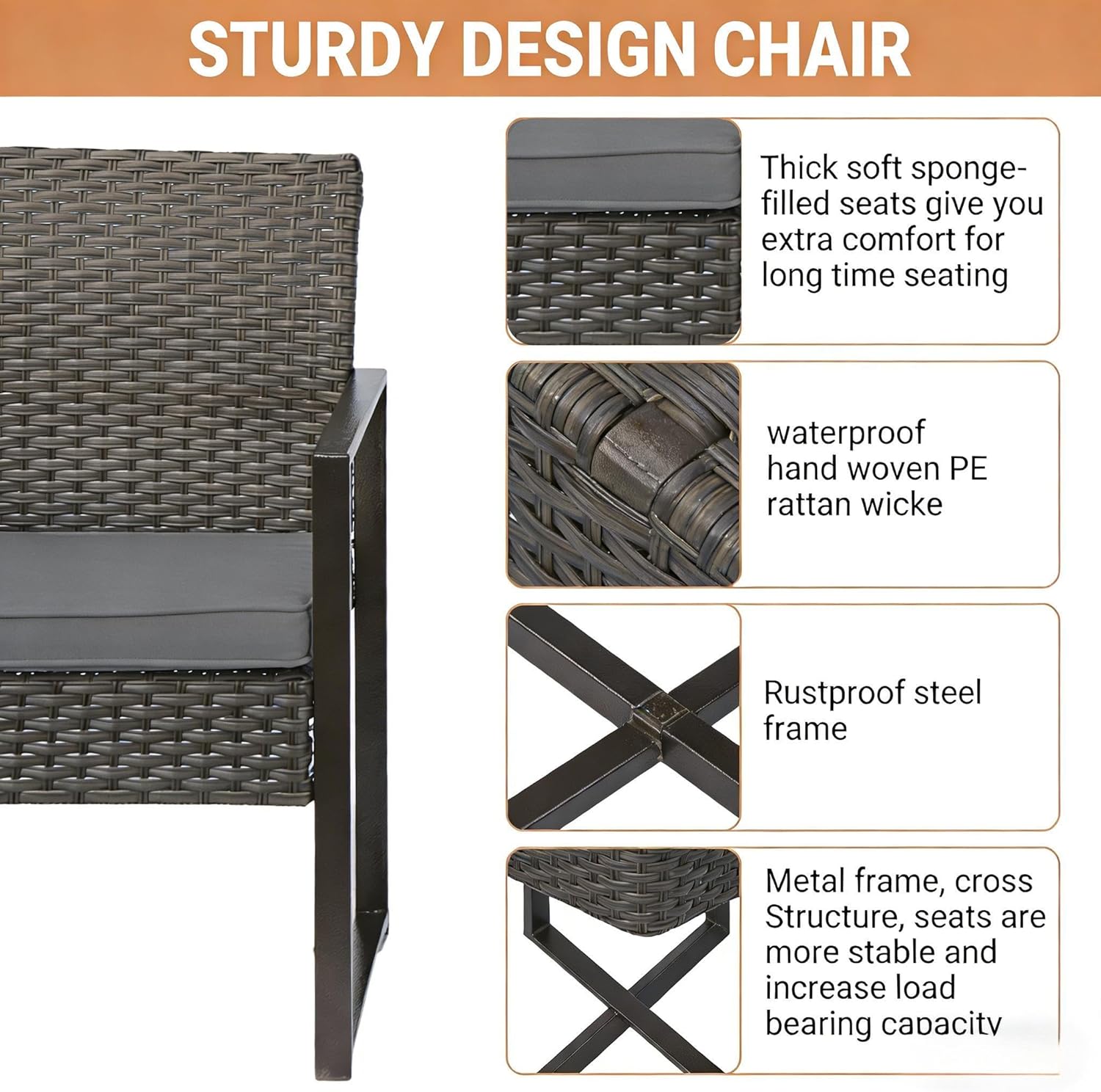 UNITED FLAMES 3 Piece Patio Furniture Set, Balcony Wicker Furniture with Tempered Glass Table & Water Resistant Cushions, Modern Rattan Chairs for Porch, Backyard, Poolside, Garden, Brown