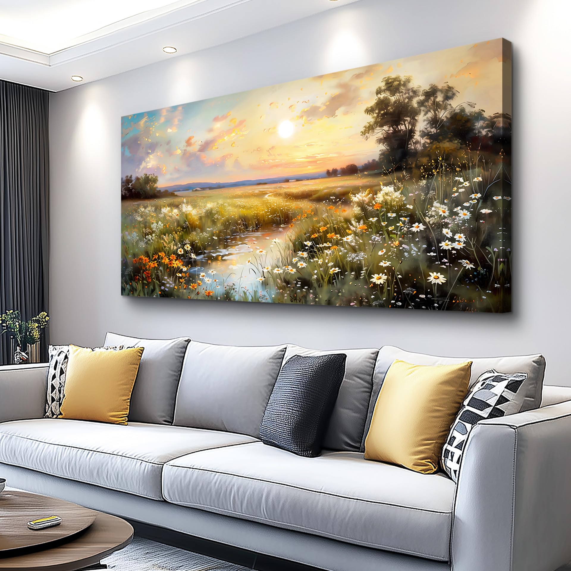 hyidecorart Vintage Farmhouse Wildflower Wall Paintings Canvas Wall Art for Living Room Wall Decor for Bedroom Office Decorations Nature Landscape Picture Artwork Aesthetic Home Decor Ready To Hang