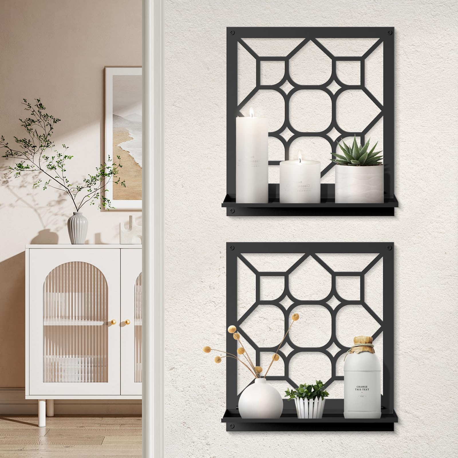 Black Metal Wall Candle Holder Set of 2, Minimalist Rustic Aesthetics Wall Art Decor for Living Room Bedroom Bathroom (11.8 x 13 in)
