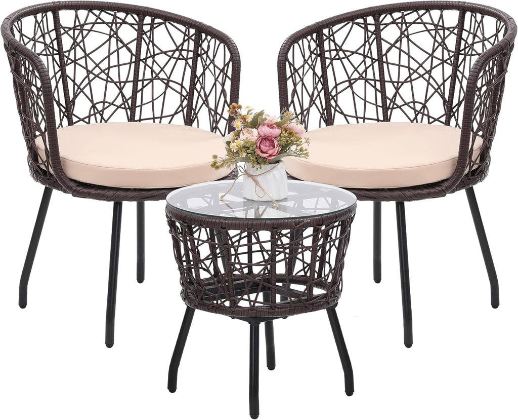 Kromax 3 Pieces Patio Rattan Bistro Conversation Set, Outdoor All-Weather Wicker Furniture Chairs and Side Table Set Ideal for Balcony, Porch and Backyard, Black