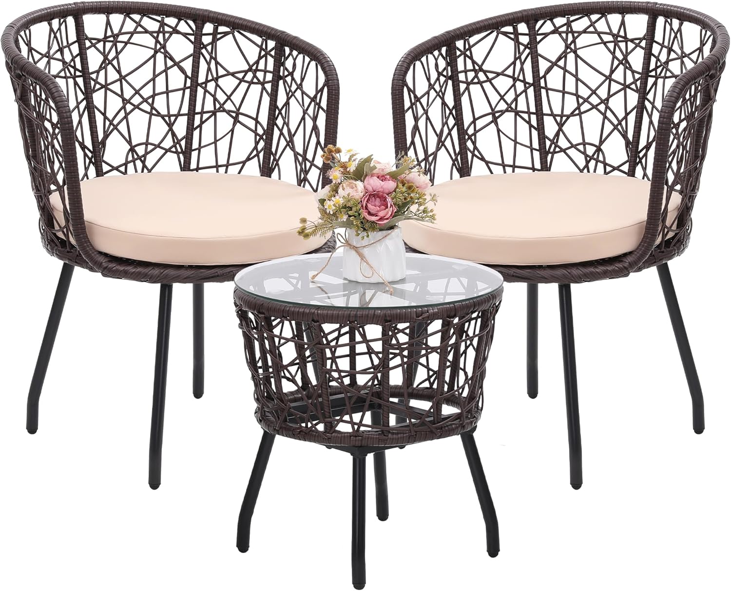 Kromax 3 Pieces Patio Rattan Bistro Conversation Set, Outdoor All-Weather Wicker Furniture Chairs and Side Table Set Ideal for Balcony, Porch and Backyard, Black
