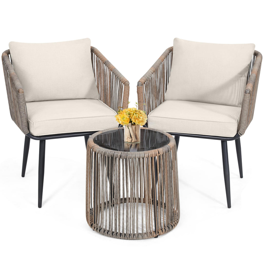 Kromax 3 Pieces Patio Rattan Bistro Conversation Set, Outdoor All-Weather Wicker Furniture Chairs and Side Table Set Ideal for Balcony, Porch and Backyard, Black