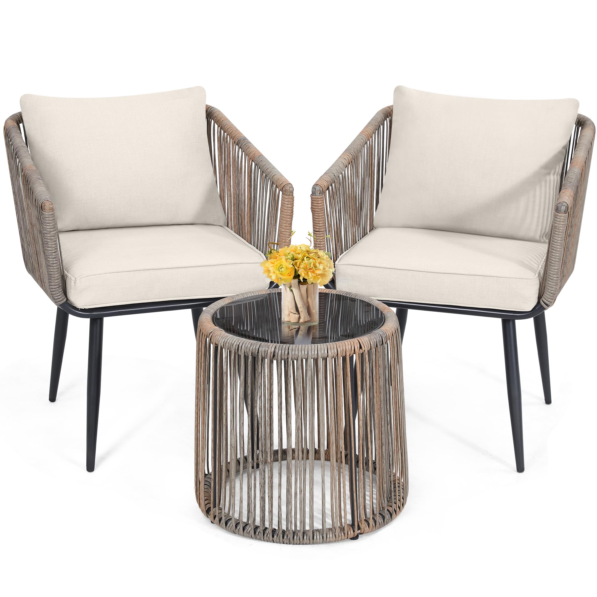 Kromax 3 Pieces Patio Rattan Bistro Conversation Set, Outdoor All-Weather Wicker Furniture Chairs and Side Table Set Ideal for Balcony, Porch and Backyard, Black