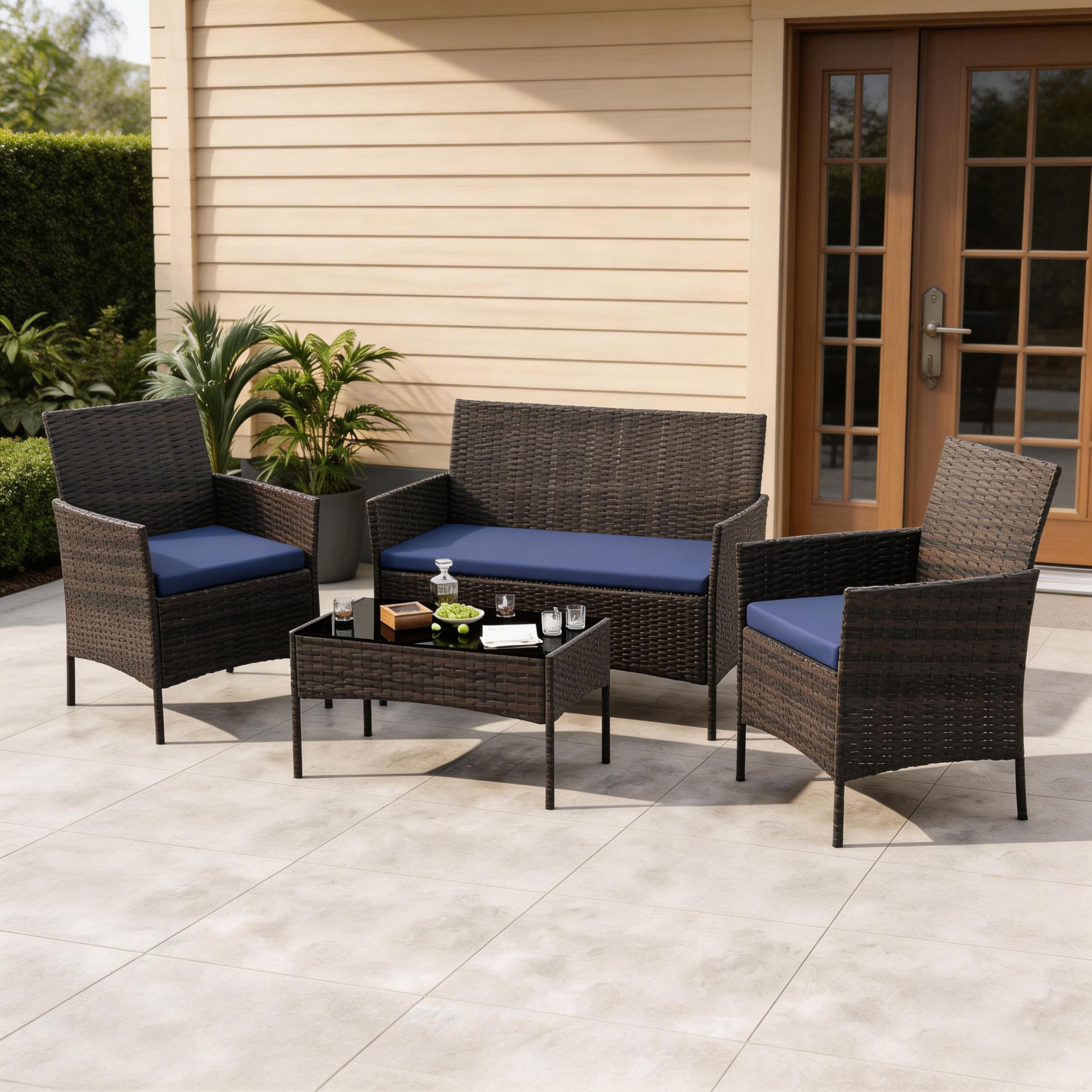 GAOMON 3-Piece Patio Furniture Set, Modern PE Rattan Conversation Set with 2 Chairs & Tempered Glass Coffee Table, All-Weather Outdoor Seating for Garden, Porch, Balcony, Poolside, Brown/Cream