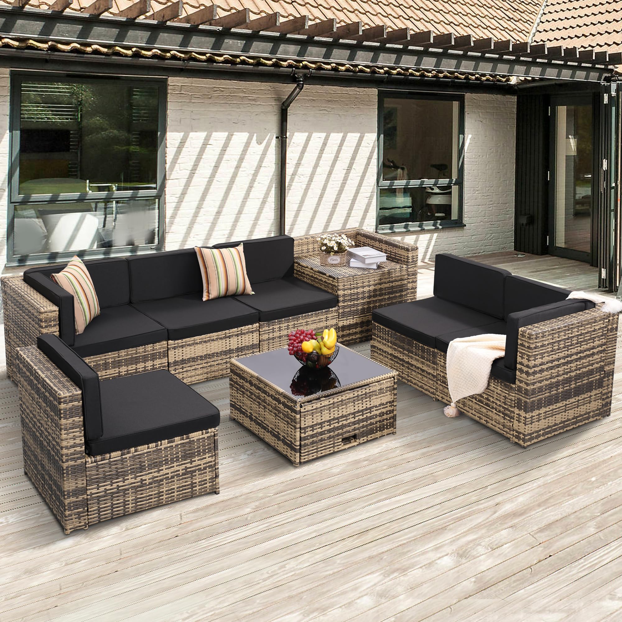 KROFEM 4-Piece Patio Furniture Set, Wicker Outdoor Rattan Sectional Sofa with Cushions and Glass Table, All-Weather Outdoor Conversation Set for Garden, Porch, Backyard, Patio, Black