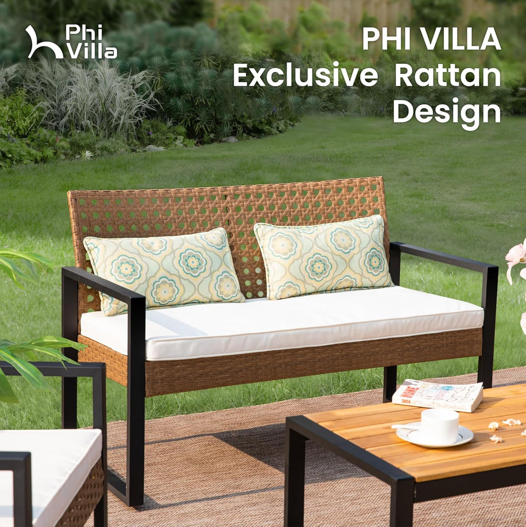 PHI VILLA Patio Wicker Furniture Set for 4, Brown Rattan Loveseat & Chairs with Beige Cushions & Acacia Wood Coffee Table, Outdoor Conversation Sofa Set for Deck, Yard, Porch (Round Hole Back)
