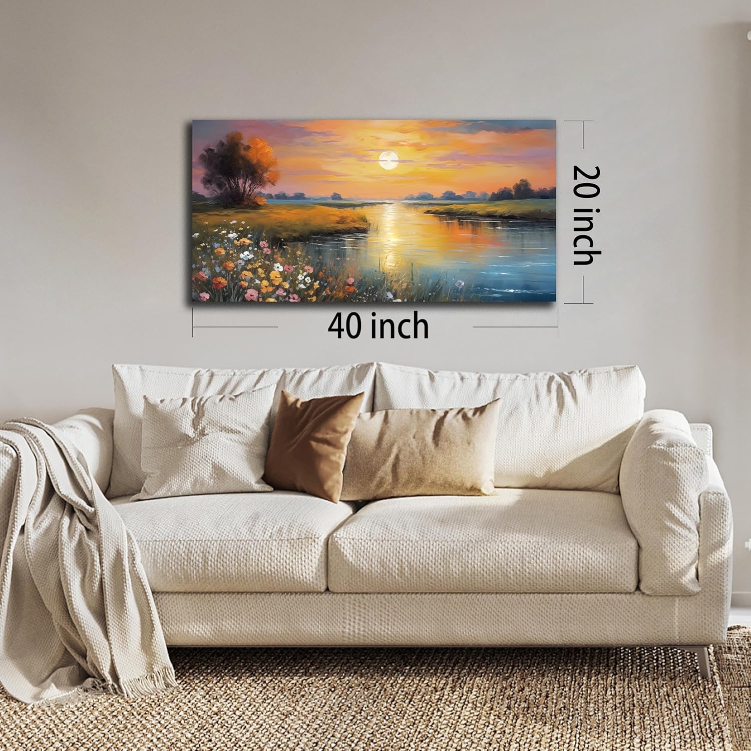 Orange Yellow Sunset Lake Landscape Canvas Wall Art with Vibrant Colorful Wildflowers & Distant Mountain, Serene Nature Scene Picture Print Painting Artwork for Living Room Bedroom Decor 40x20 Inches
