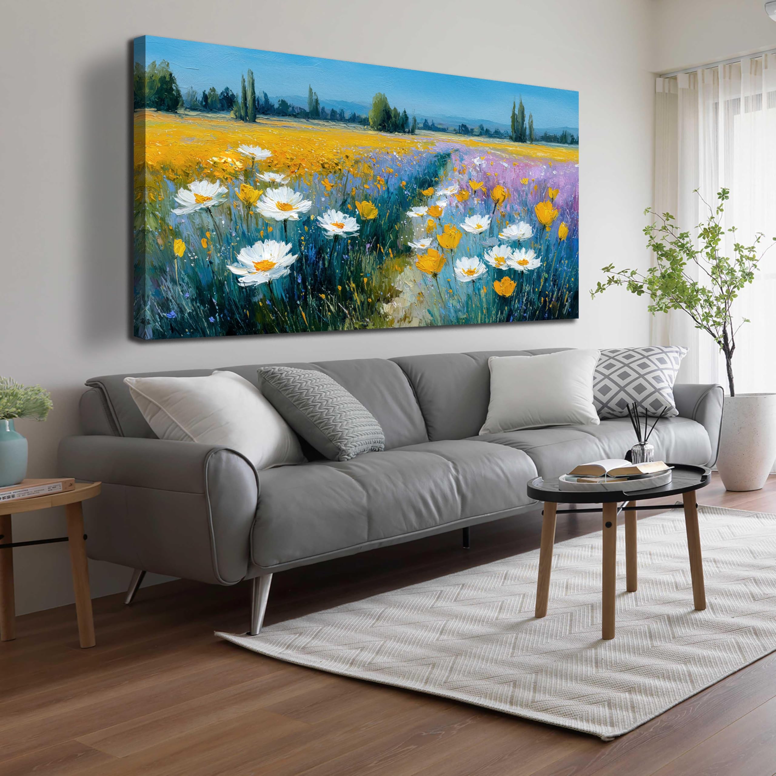Orange Yellow Sunset Lake Landscape Canvas Wall Art with Vibrant Colorful Wildflowers & Distant Mountain, Serene Nature Scene Picture Print Painting Artwork for Living Room Bedroom Decor 40x20 Inches