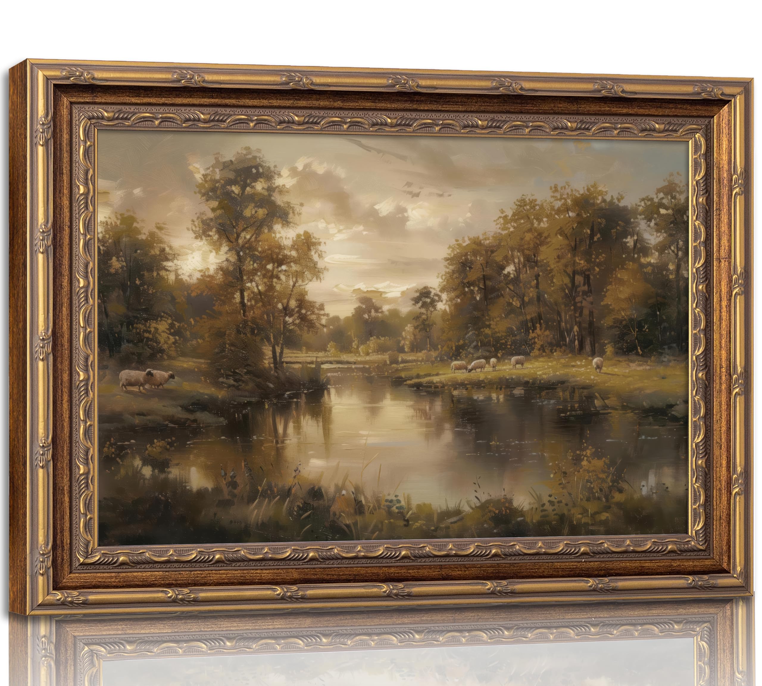 Vintage Gold Framed Landscape Wall Art Vintage River Painting Canvas Prints Landscape Wall Decor Countryside Painting Style Poster Print Artwork for Living Room Bedroom Home Decoration
