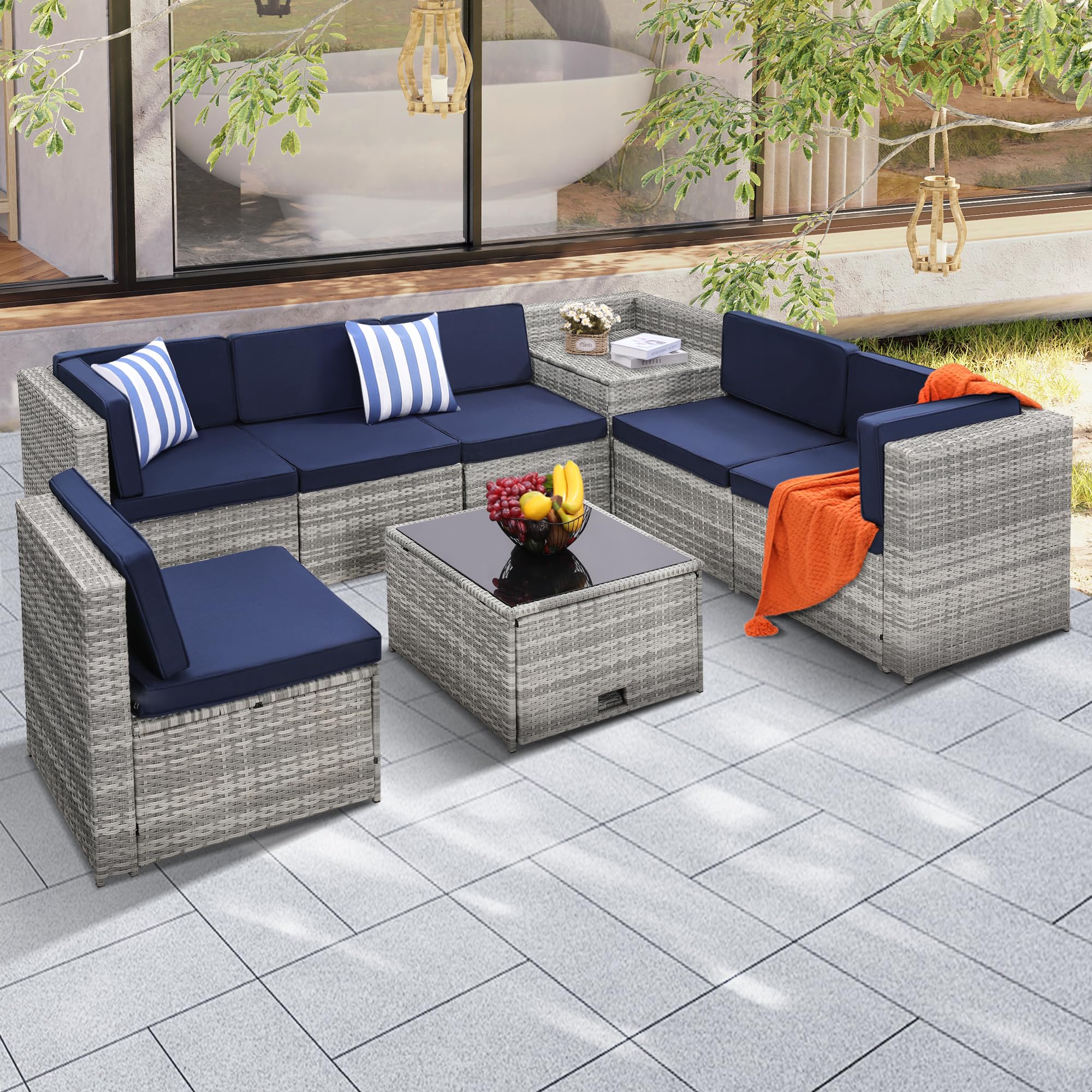 KROFEM 4-Piece Patio Furniture Set, Wicker Outdoor Rattan Sectional Sofa with Cushions and Glass Table, All-Weather Outdoor Conversation Set for Garden, Porch, Backyard, Patio, Black