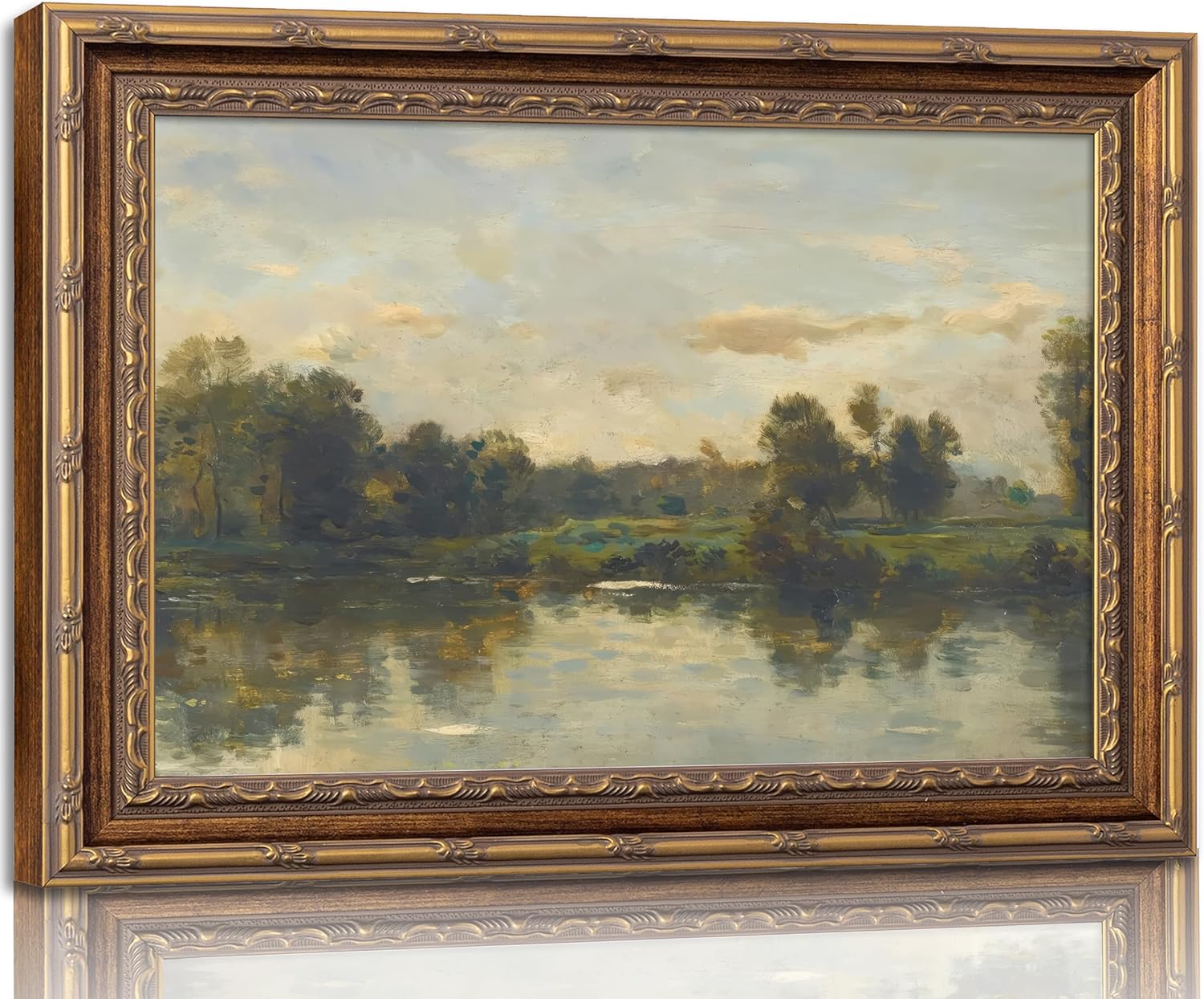 Vintage Gold Framed Landscape Wall Art Vintage River Painting Canvas Prints Landscape Wall Decor Countryside Painting Style Poster Print Artwork for Living Room Bedroom Home Decoration