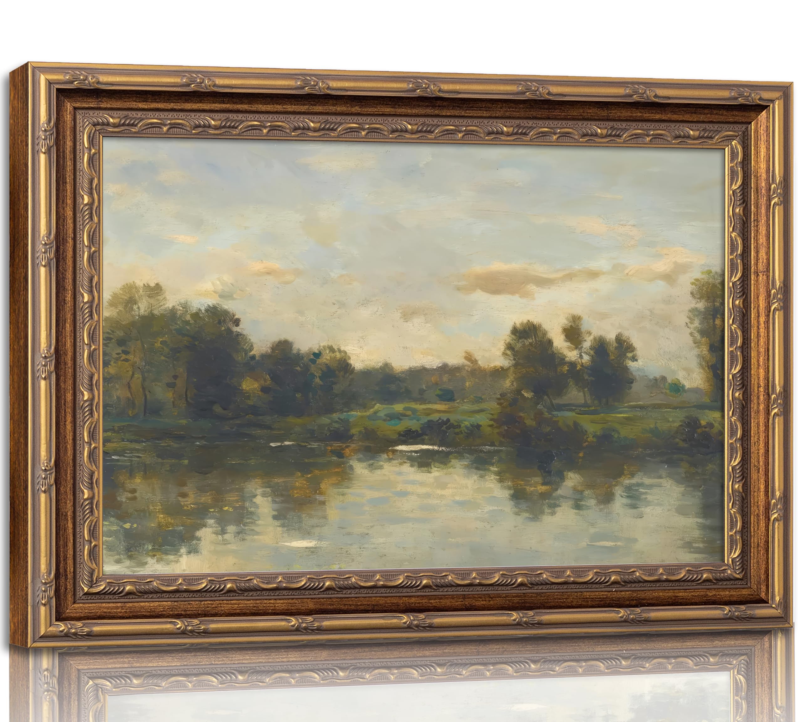 Vintage Gold Framed Landscape Wall Art Vintage River Painting Canvas Prints Landscape Wall Decor Countryside Painting Style Poster Print Artwork for Living Room Bedroom Home Decoration