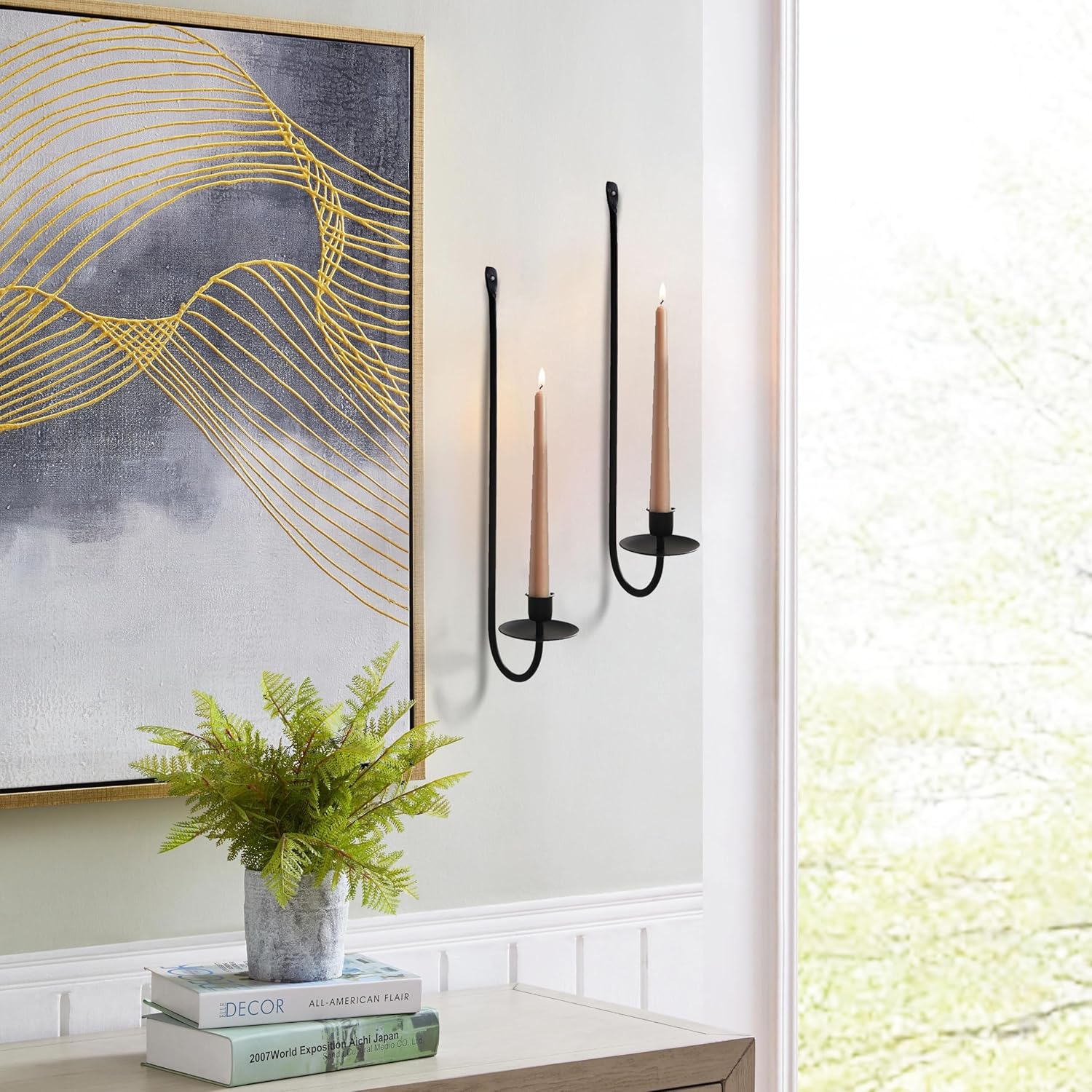 Metal Wall Candle Sconce Holder Set of 2 Wall Mount Candle Holders Modern Wall Candle Sconces Hanging for Living Room Farmhouse Fireplace Wedding 16.5"×5"×3" (Black)