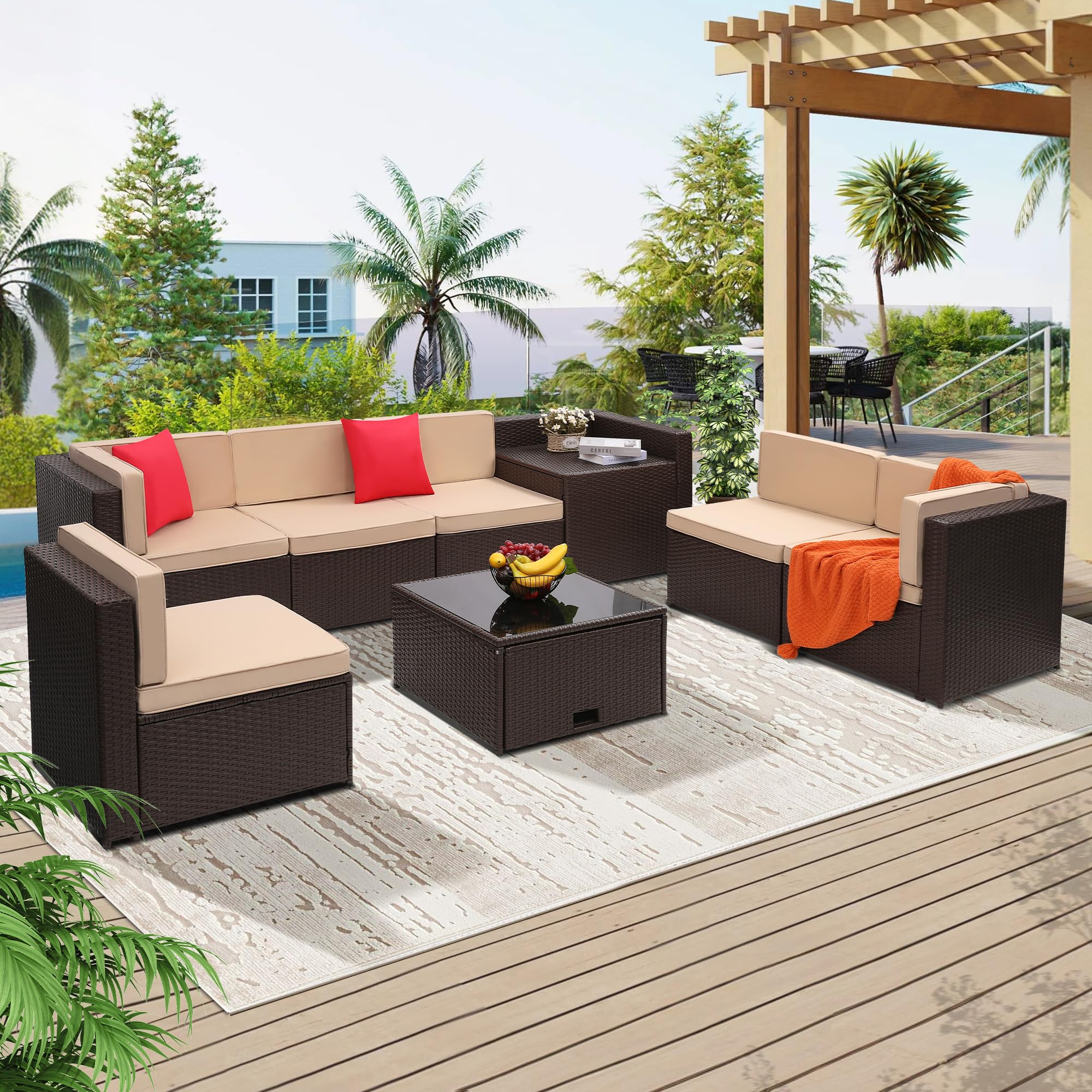 KROFEM 4-Piece Patio Furniture Set, Wicker Outdoor Rattan Sectional Sofa with Cushions and Glass Table, All-Weather Outdoor Conversation Set for Garden, Porch, Backyard, Patio, Black