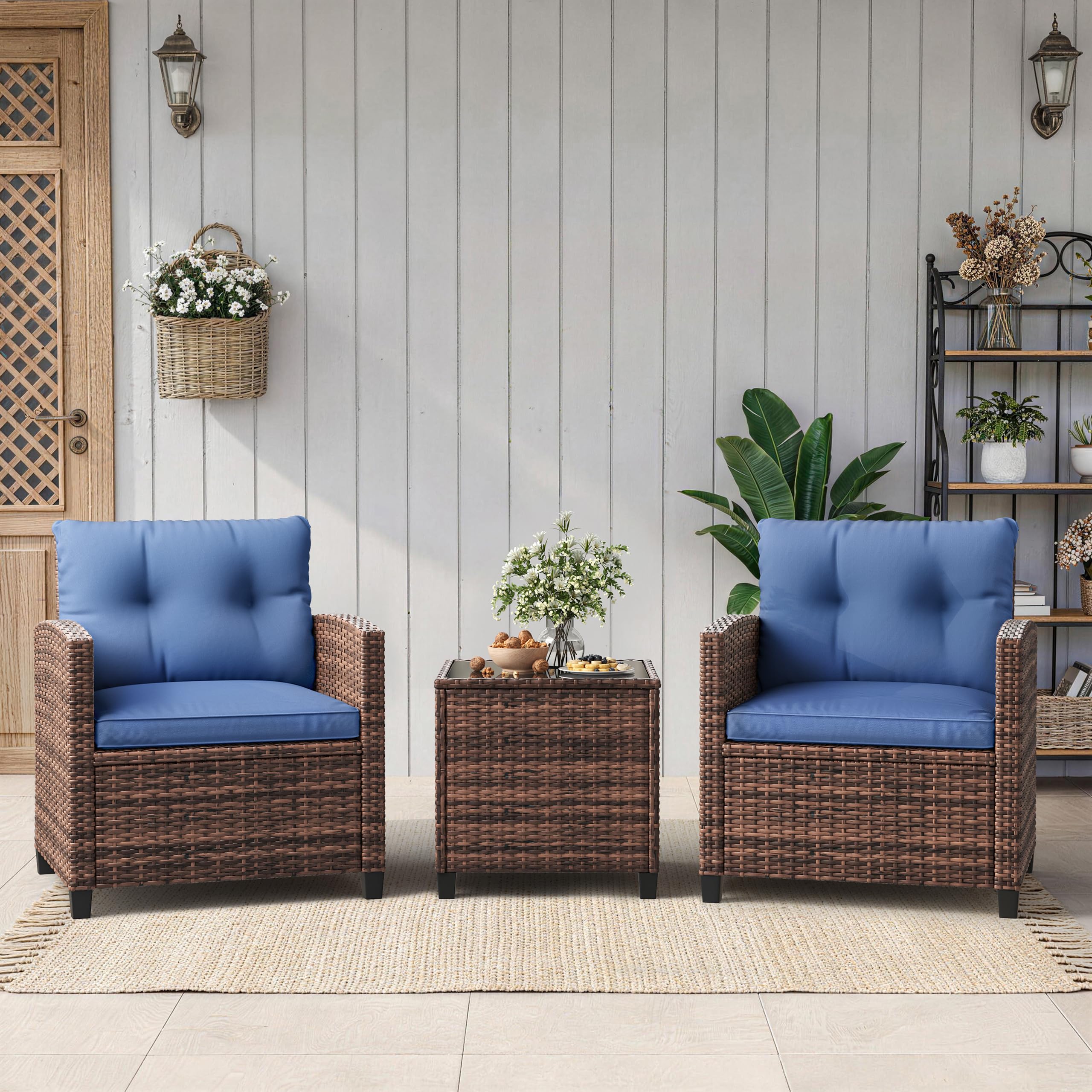 4PCS Outdoor Patio Bistro Set, PE Rattan Wicker Armchairs with Water-Resistant Cushions & Tempered Glass Coffee Table, All-Weather Conversation Set for Garden, Backyard, Porch, Poolside, Brown/Beige