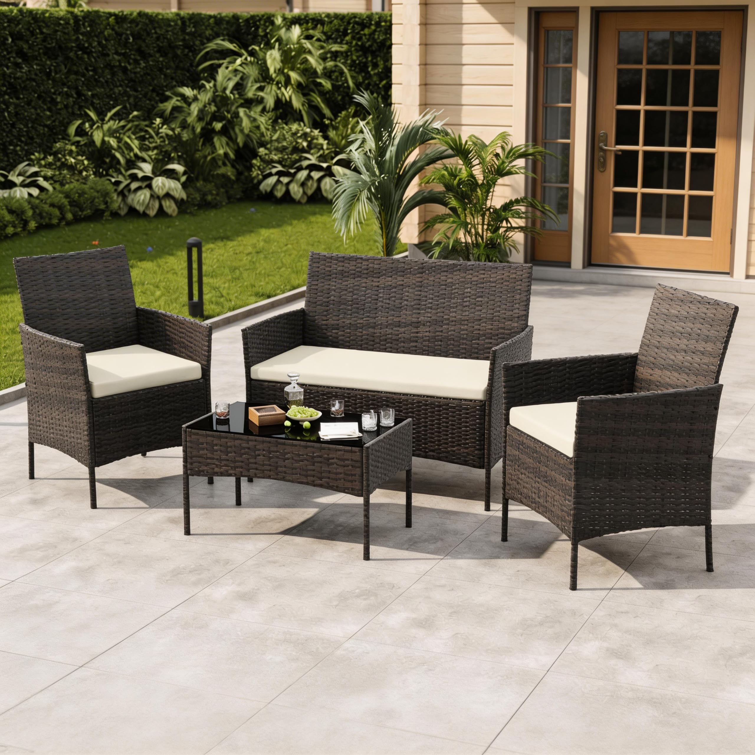 GAOMON 3-Piece Patio Furniture Set, Modern PE Rattan Conversation Set with 2 Chairs & Tempered Glass Coffee Table, All-Weather Outdoor Seating for Garden, Porch, Balcony, Poolside, Brown/Cream