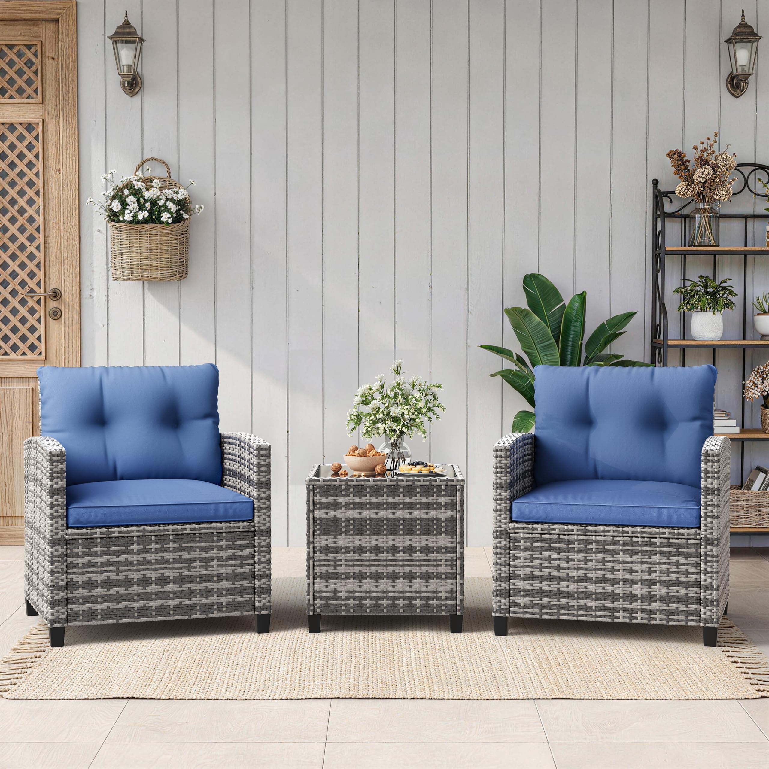 4PCS Outdoor Patio Bistro Set, PE Rattan Wicker Armchairs with Water-Resistant Cushions & Tempered Glass Coffee Table, All-Weather Conversation Set for Garden, Backyard, Porch, Poolside, Brown/Beige