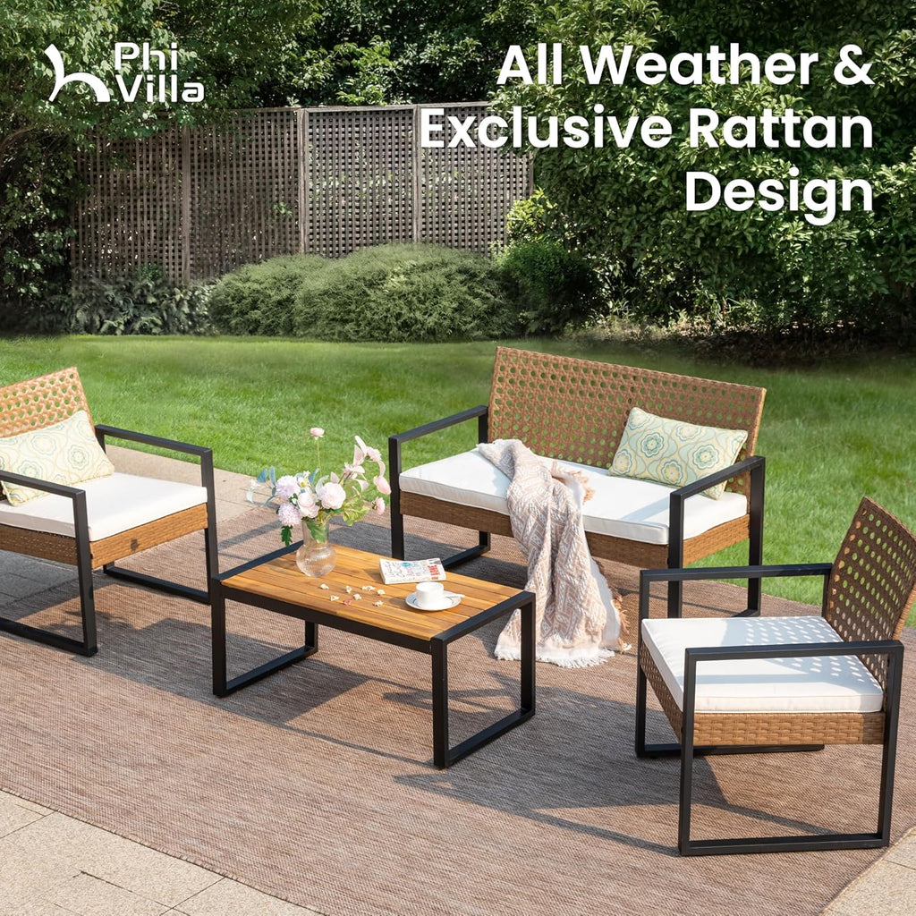 PHI VILLA Patio Wicker Furniture Set for 4, Brown Rattan Loveseat & Chairs with Beige Cushions & Acacia Wood Coffee Table, Outdoor Conversation Sofa Set for Deck, Yard, Porch (Round Hole Back)
