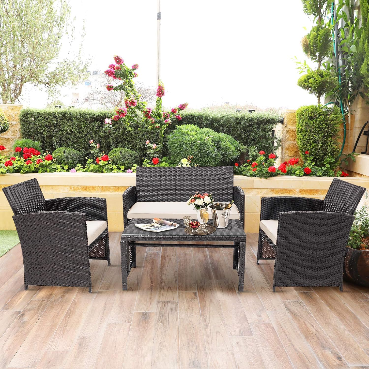HAPPYGRILL Set of 4 Rattan Conversation Set Outdoor Wicker Furniture Set with Tempered Glass Coffee Table, Soft Cushions, Weather-Resistant Rattan Chair Set for Garden Backyard Poolside