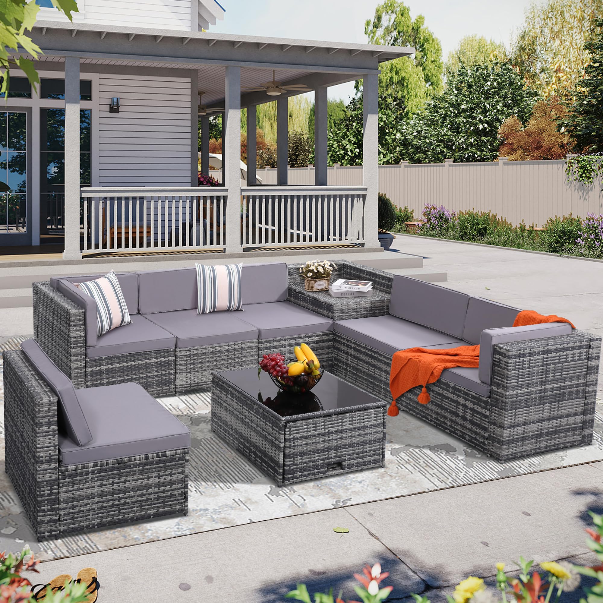 KROFEM 4-Piece Patio Furniture Set, Wicker Outdoor Rattan Sectional Sofa with Cushions and Glass Table, All-Weather Outdoor Conversation Set for Garden, Porch, Backyard, Patio, Black