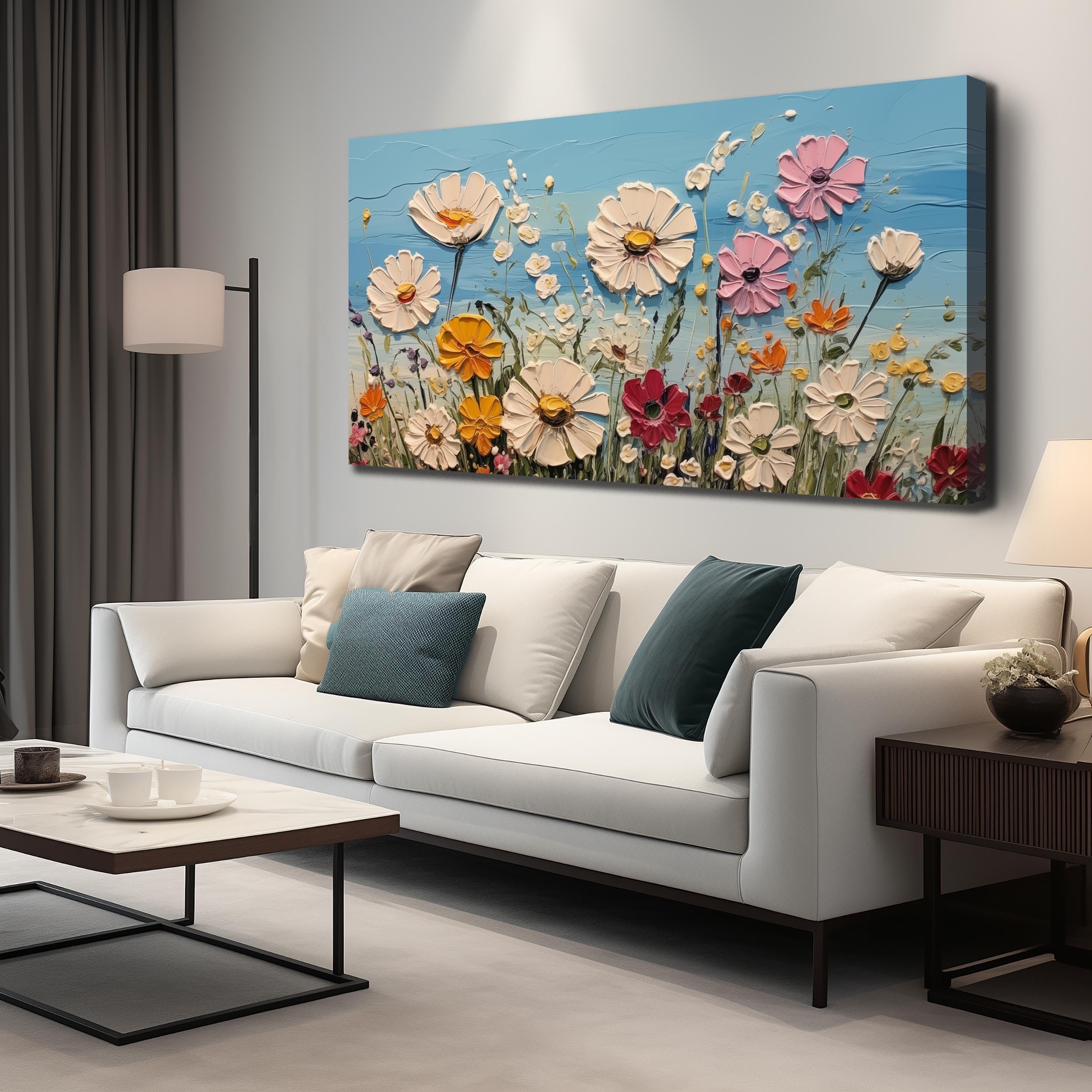 Orange Yellow Sunset Lake Landscape Canvas Wall Art with Vibrant Colorful Wildflowers & Distant Mountain, Serene Nature Scene Picture Print Painting Artwork for Living Room Bedroom Decor 40x20 Inches