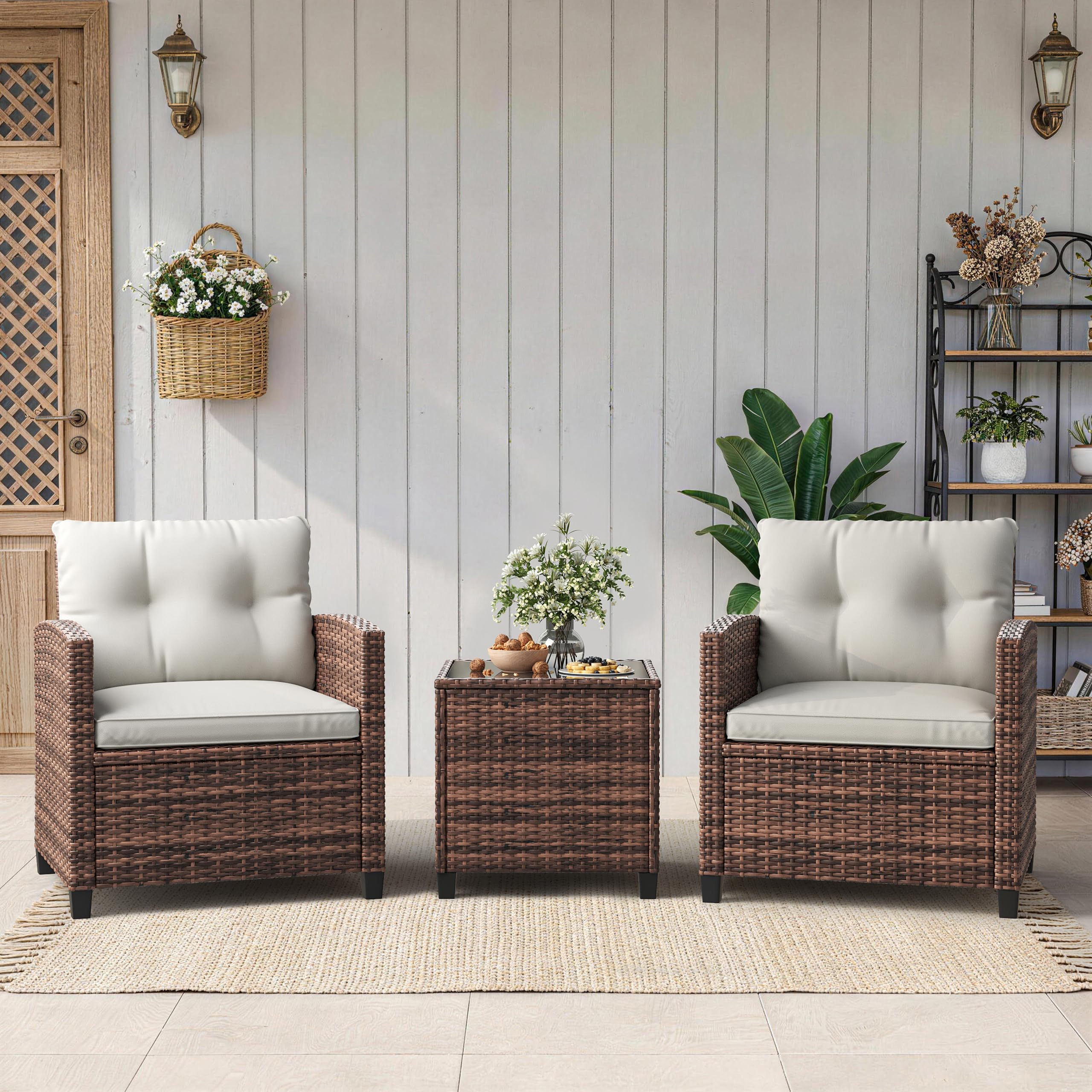 4PCS Outdoor Patio Bistro Set, PE Rattan Wicker Armchairs with Water-Resistant Cushions & Tempered Glass Coffee Table, All-Weather Conversation Set for Garden, Backyard, Porch, Poolside, Brown/Beige