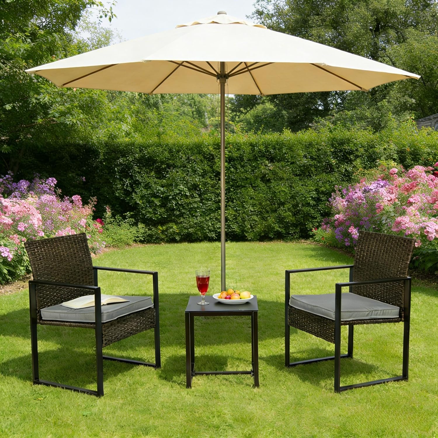 UNITED FLAMES 3 Piece Patio Furniture Set, Balcony Wicker Furniture with Tempered Glass Table & Water Resistant Cushions, Modern Rattan Chairs for Porch, Backyard, Poolside, Garden, Brown