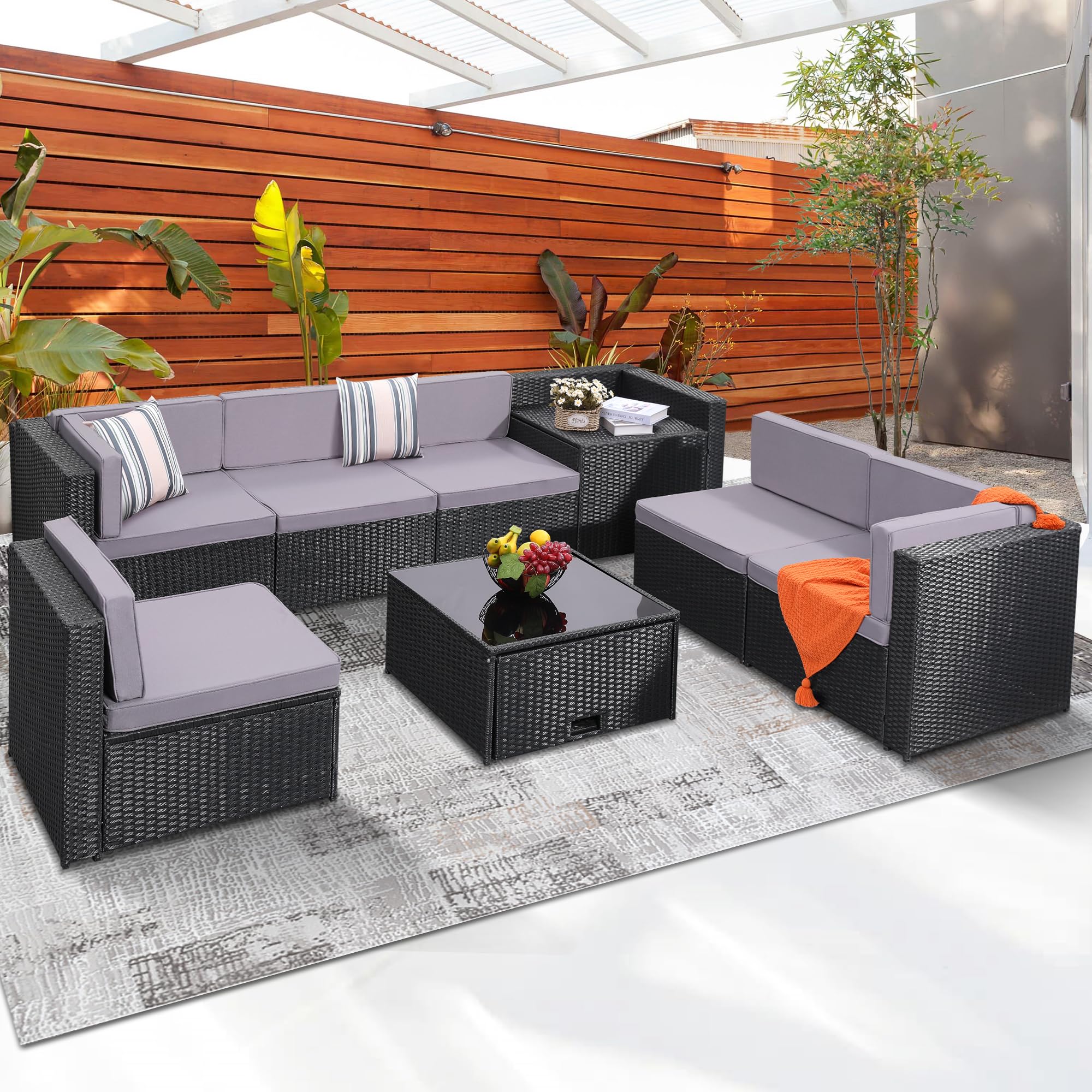 KROFEM 4-Piece Patio Furniture Set, Wicker Outdoor Rattan Sectional Sofa with Cushions and Glass Table, All-Weather Outdoor Conversation Set for Garden, Porch, Backyard, Patio, Black